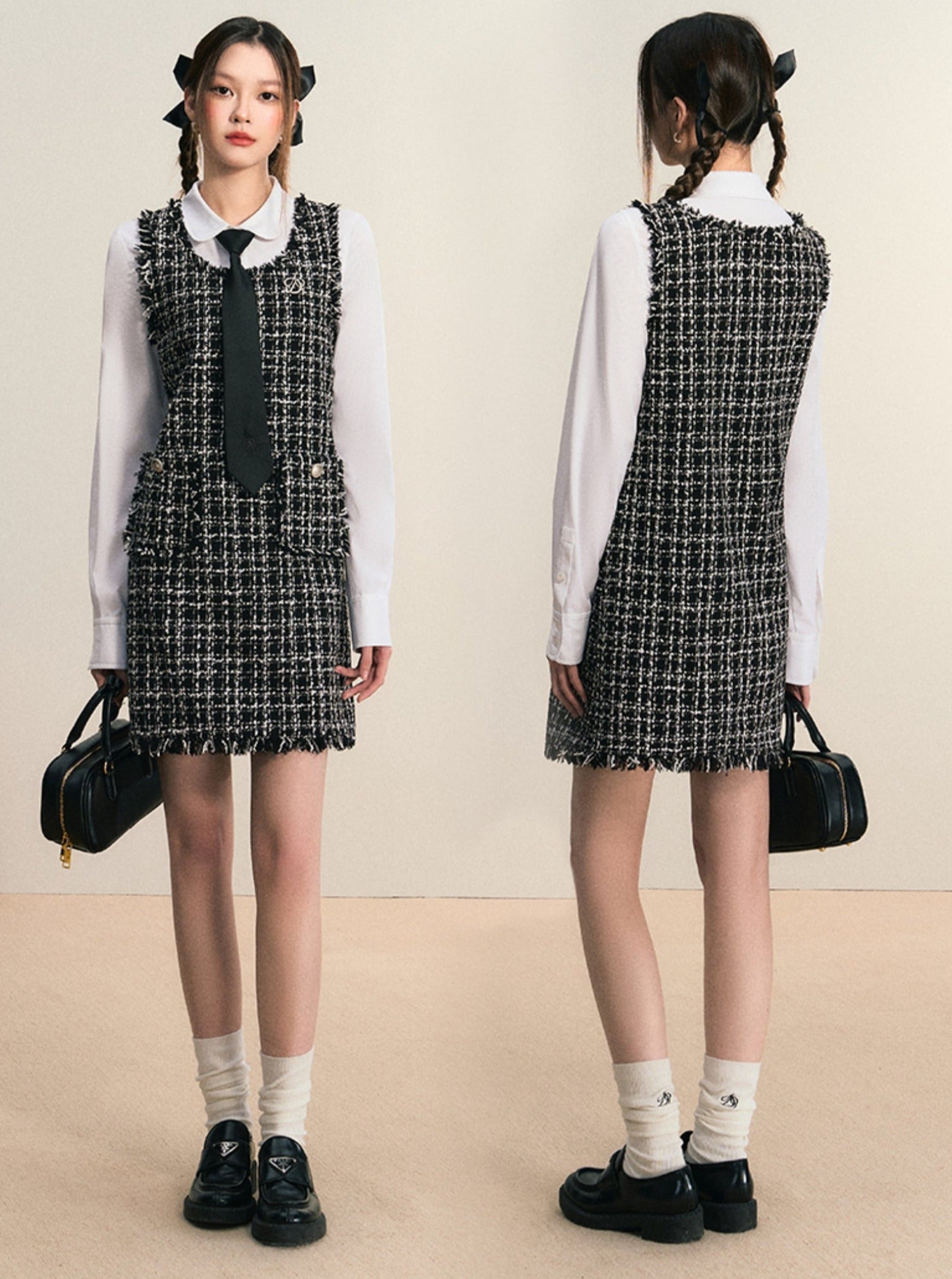 Tweed Sleeveless Mini Dress: Frayed Edge Shift Dress with Front Pockets sneakershuborg