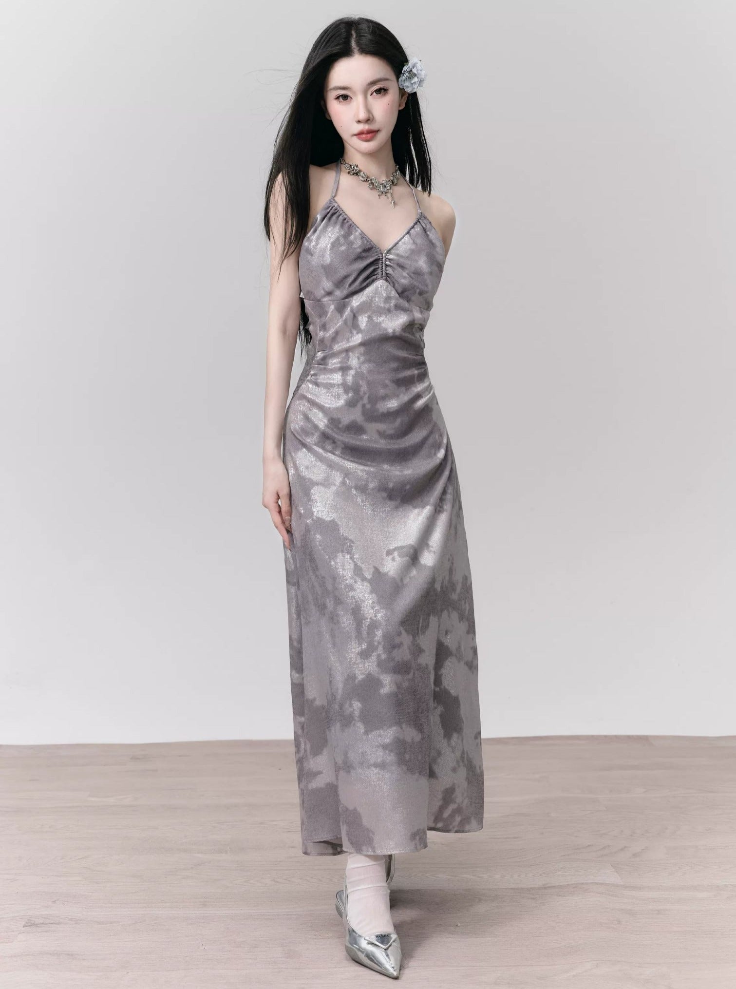 Tie-Dye Satin Halter Maxi Dress in Silver Grey - sneakershuborg