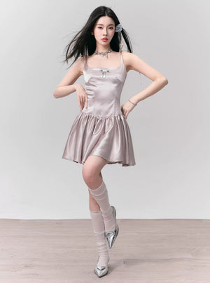 Silvery Gray Satin Mini Dress with Tie Straps sneakershuborg