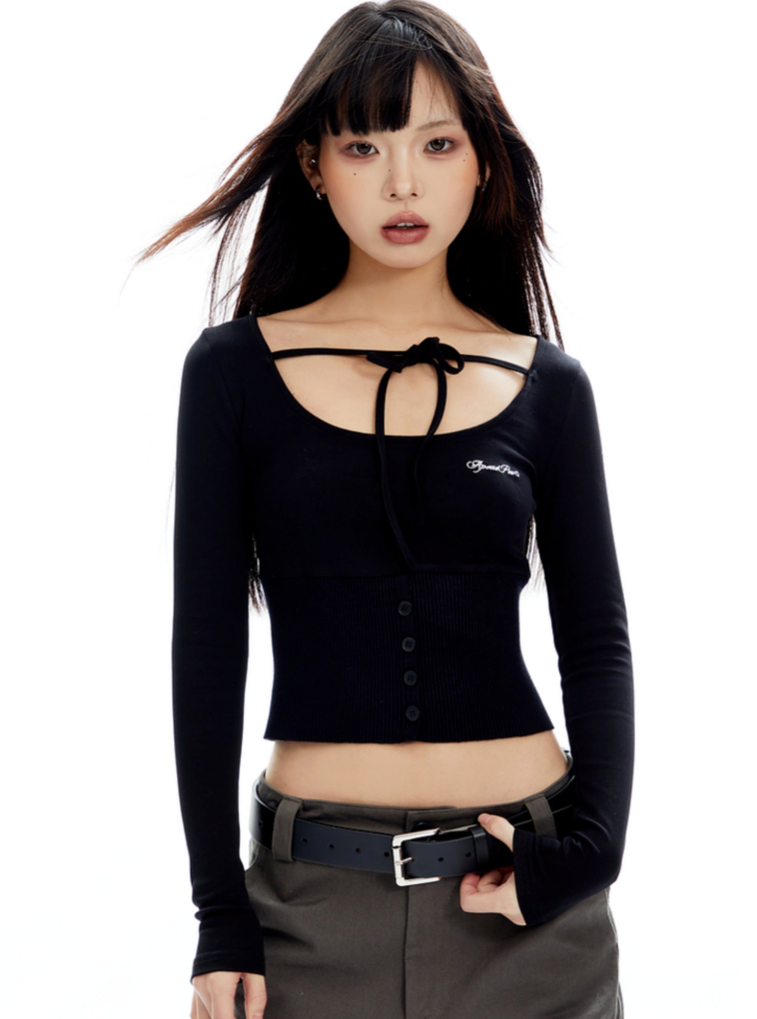 White Tie-Front Corset-Style Long Sleeve Crop Top sneakershuborg