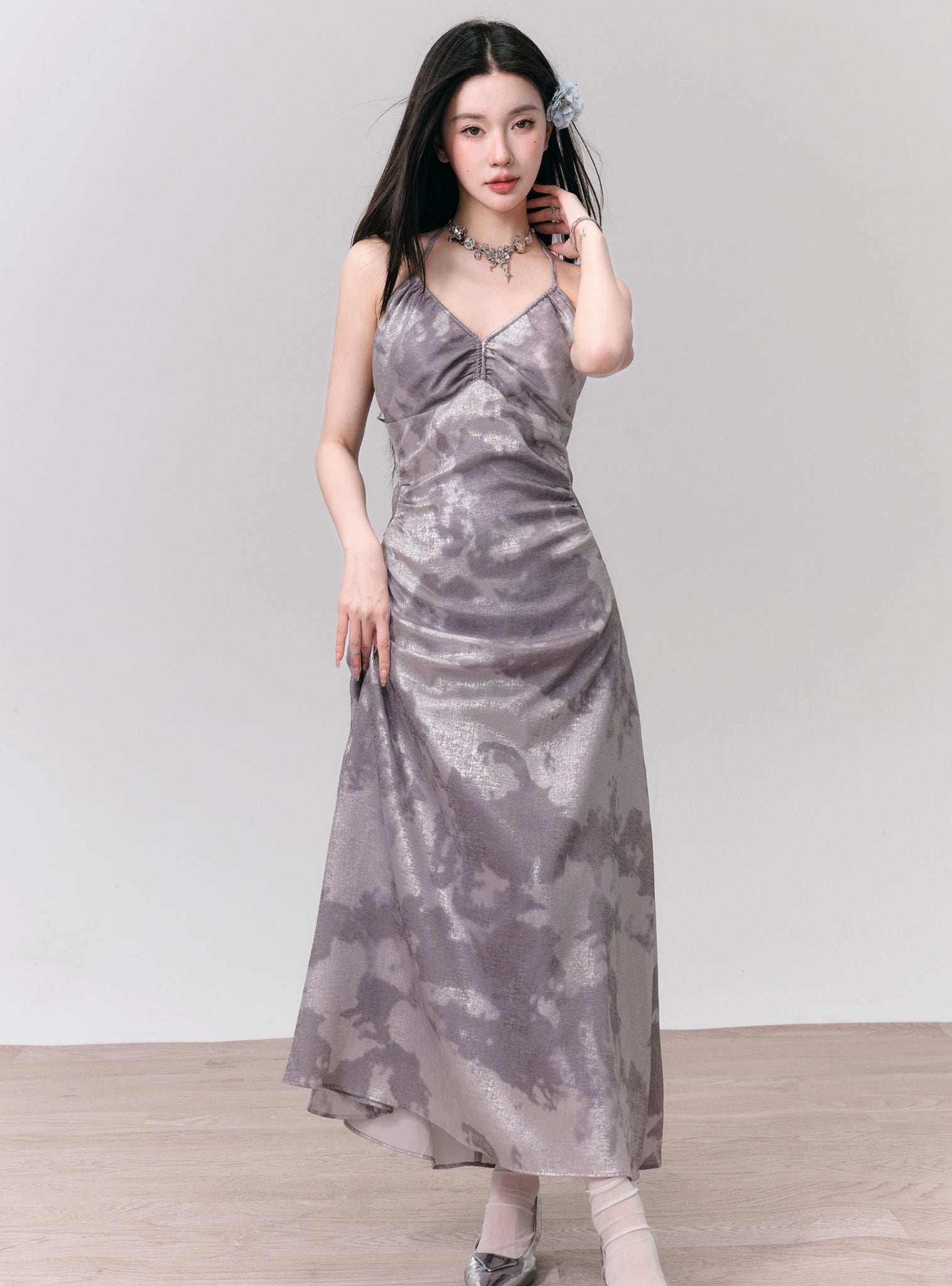 Tie-Dye Satin Halter Maxi Dress in Silver Grey - sneakershuborg