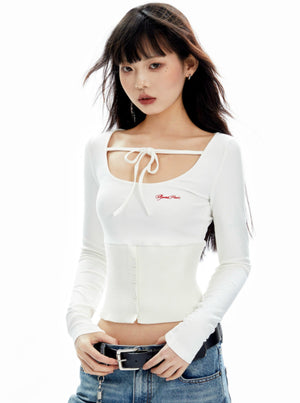 White Tie-Front Corset-Style Long Sleeve Crop Top sneakershuborg