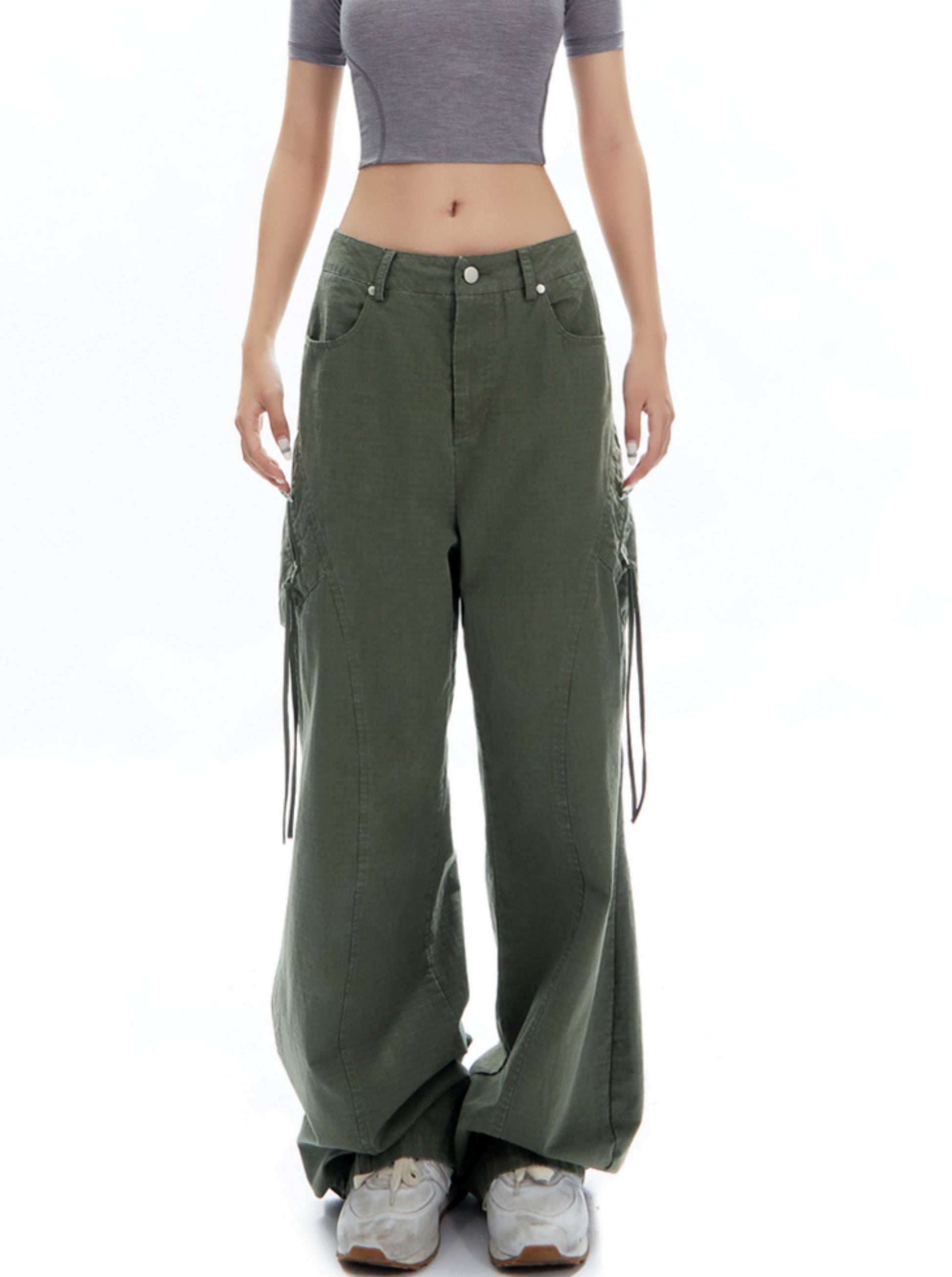 Wide-Leg Olive Green Cargo Pants - sneakershuborg