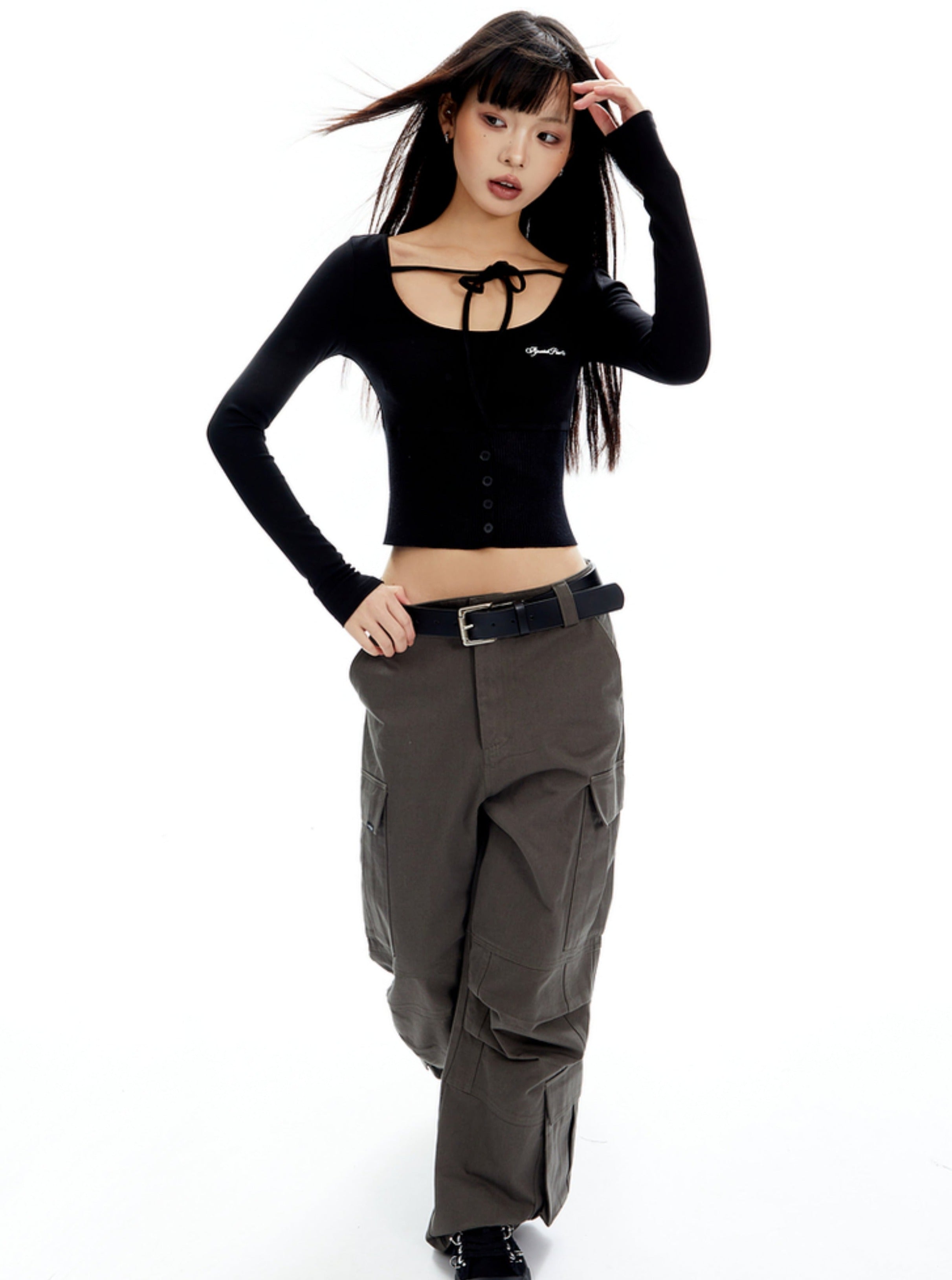 White Tie-Front Corset-Style Long Sleeve Crop Top sneakershuborg