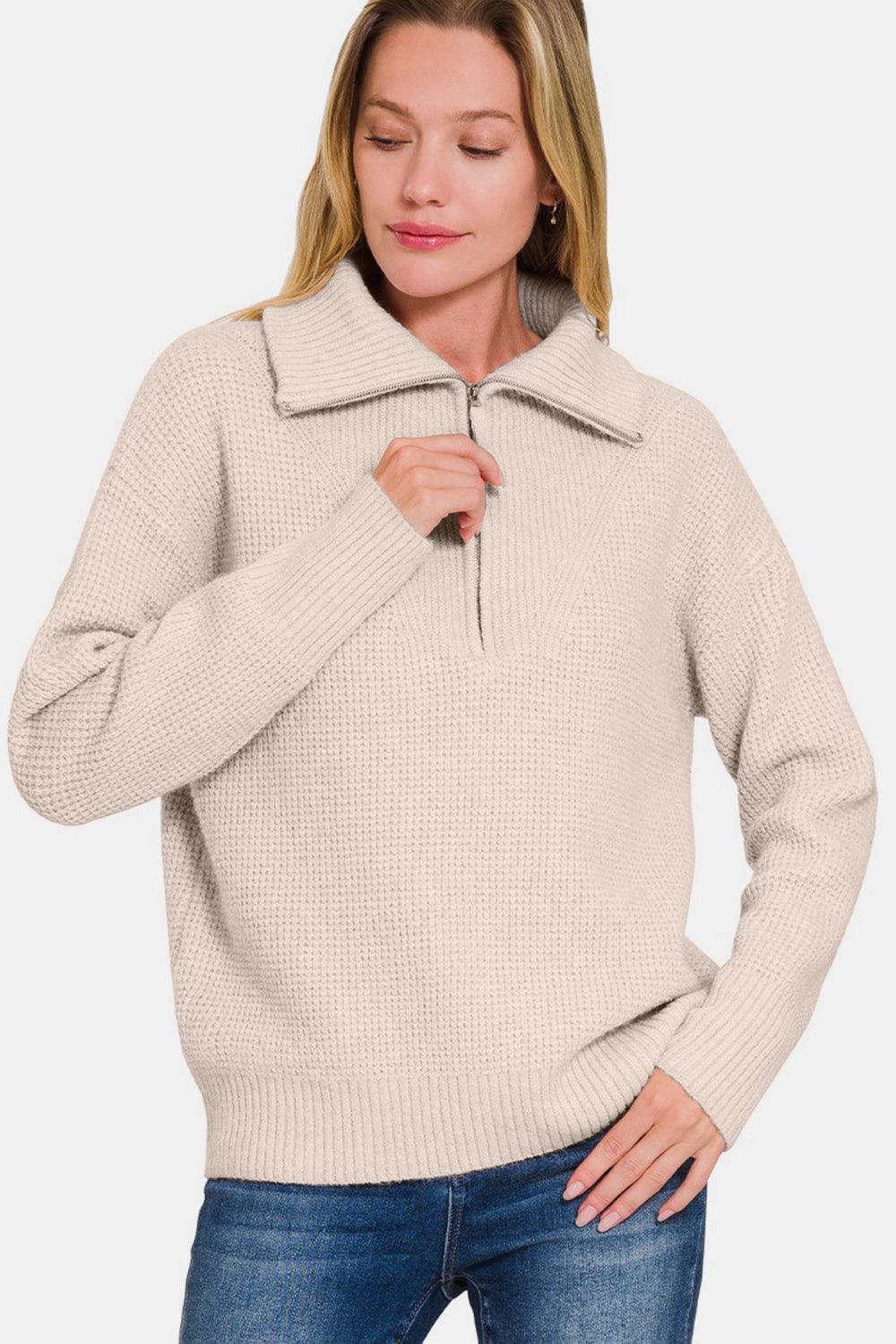 Zenana Half Zip Long Sleeve Sweater Trendsi