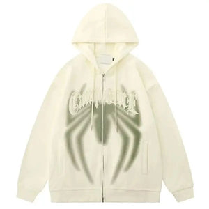 Beige Spider Print Zip Up Hoodie - sneakershuborg