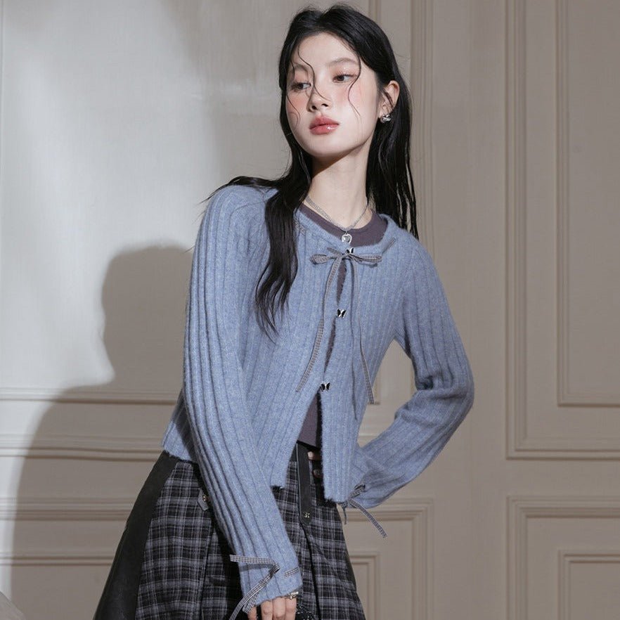 Blue Ribbon Woolen Cardigan Two-Piece Set sneakershuborg