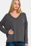 Zenana Texture Exposed Seam V-Neck Long Sleeve T-Shirt Trendsi