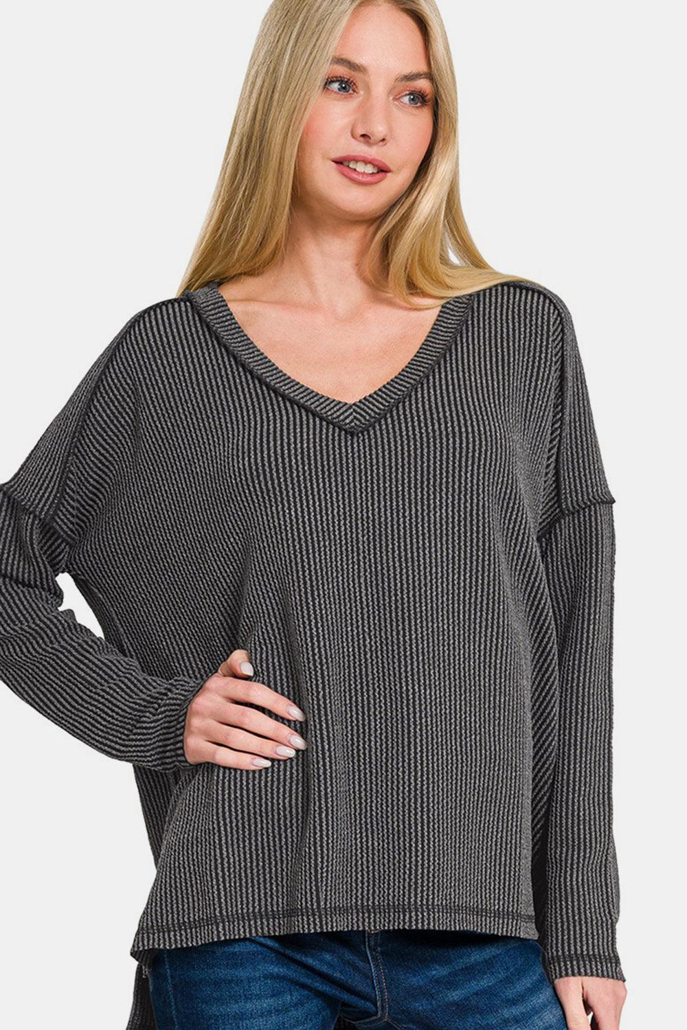 Zenana Texture Exposed Seam V-Neck Long Sleeve T-Shirt Trendsi