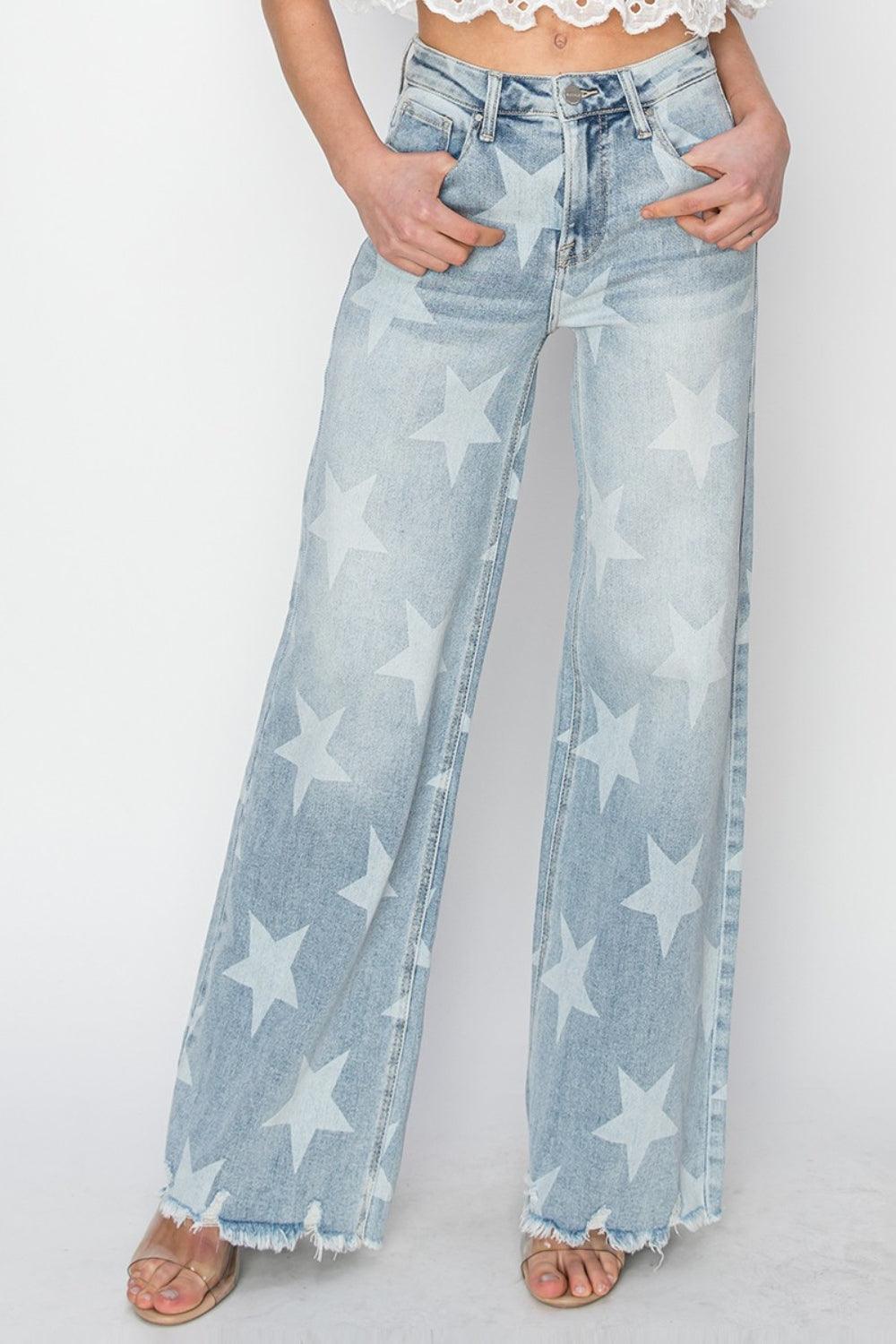 RISEN Full Size Raw Hem Star Wide Leg Jeans - sneakershuborg