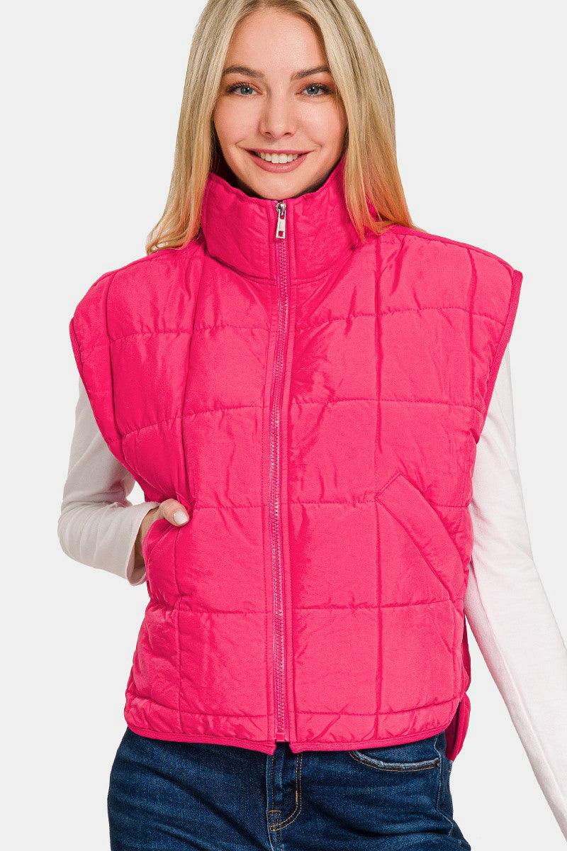 Zenana Zip Up Cropped Puffer Vest with Pockets - sneakershuborg