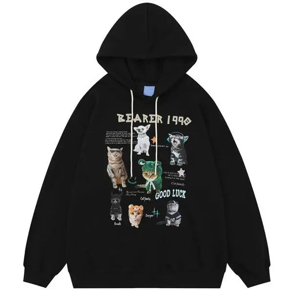 Cats Graphic Hoodie Black Y2K - sneakershuborg