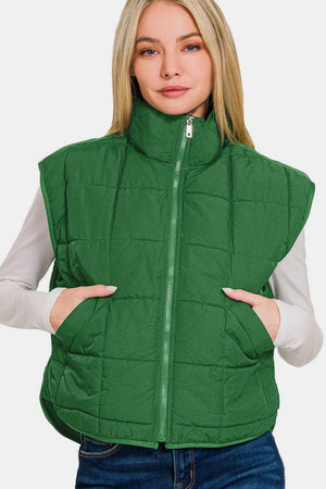 Zenana Zip Up Cropped Puffer Vest with Pockets - sneakershuborg