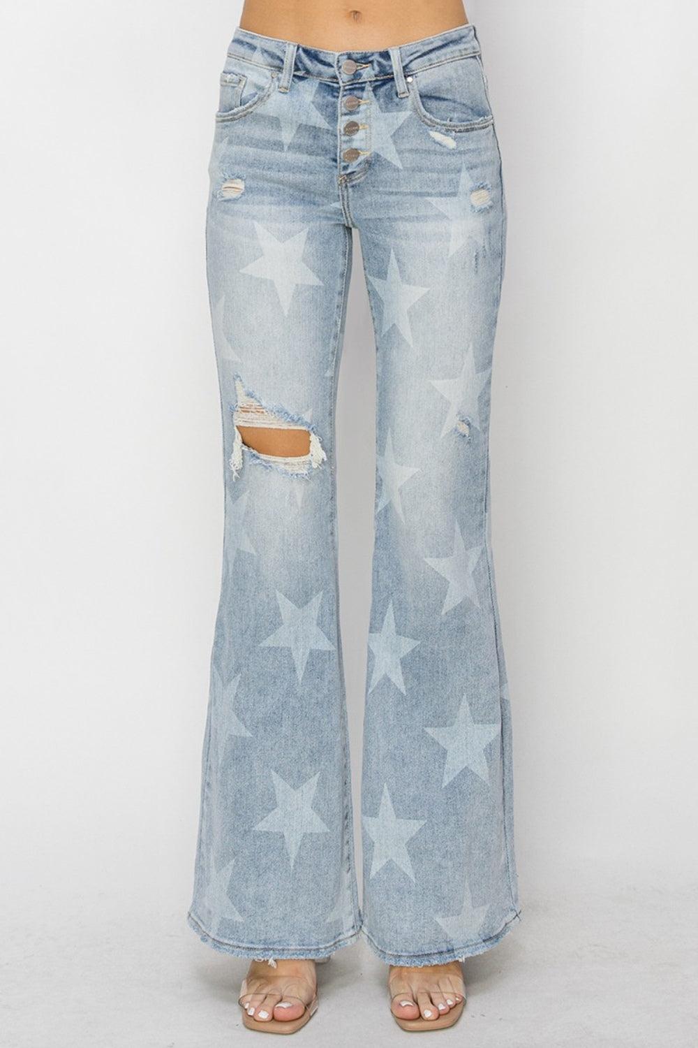 RISEN Mid Rise Button Fly Start Print Flare Jeans - sneakershuborg