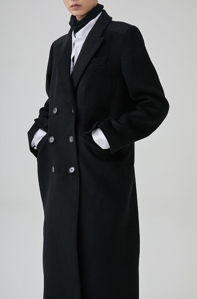 Winter Double-Breasted Mid-Length Black Wool Coat In Hepburn Style - sneakershuborg