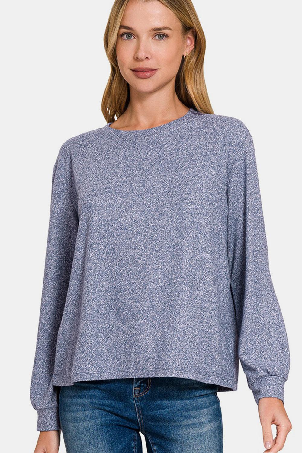 Zenana Hacci Round Neck Long Sleeve T-Shirt Trendsi