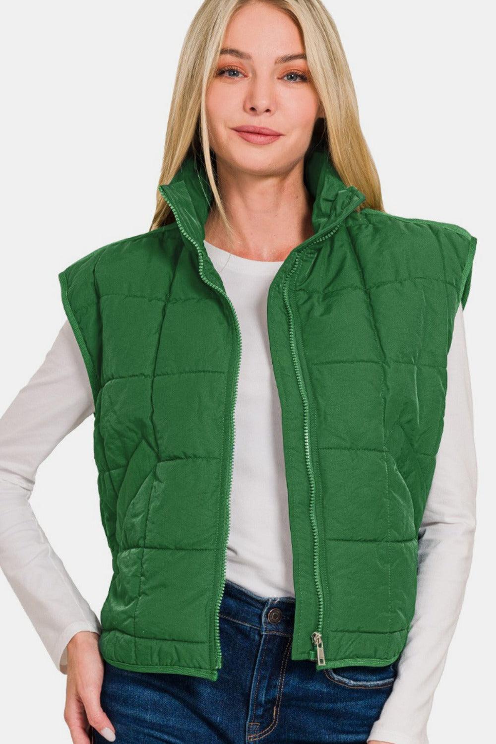 Zenana Zip Up Cropped Puffer Vest with Pockets - sneakershuborg