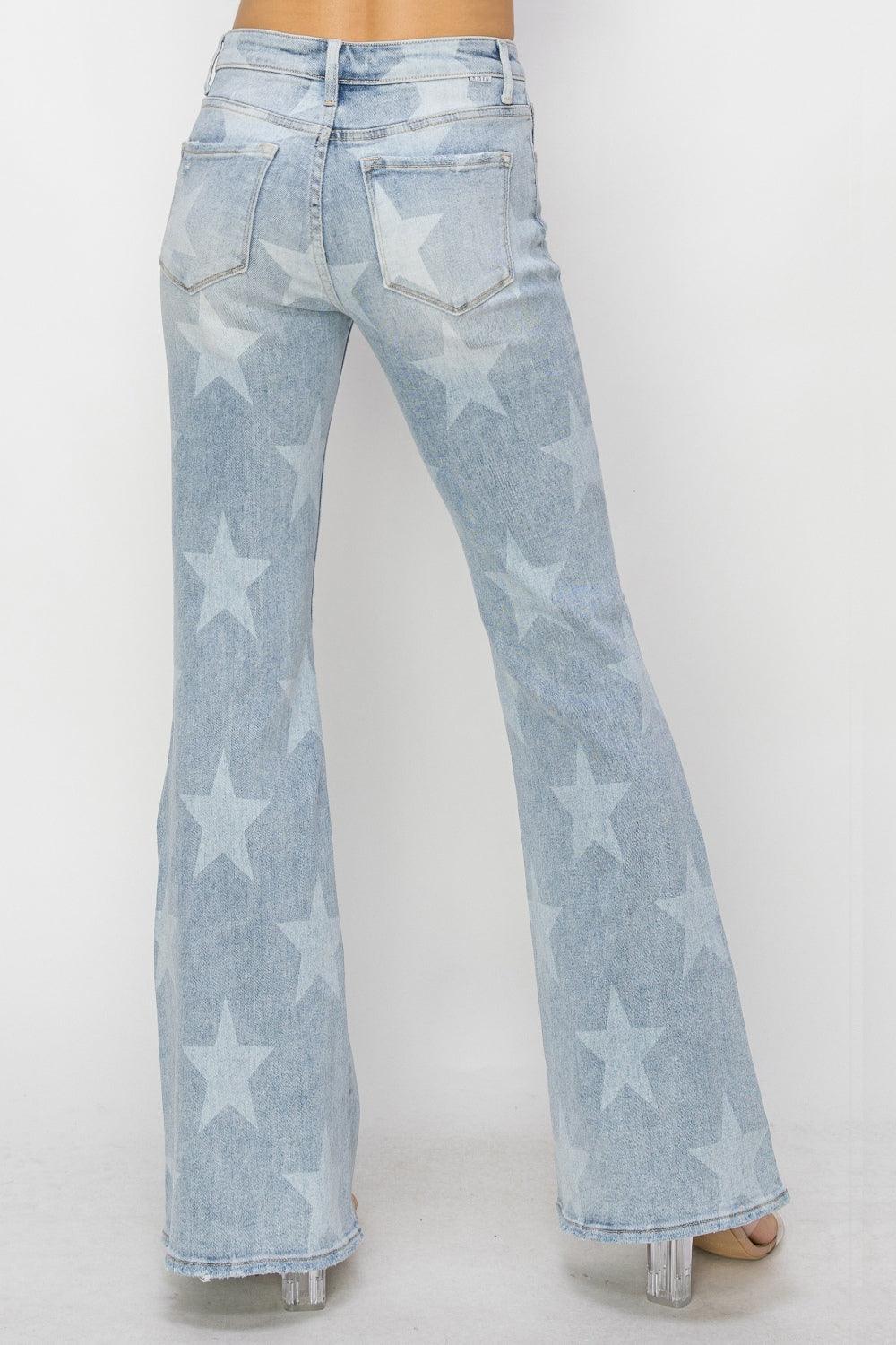 RISEN Mid Rise Button Fly Start Print Flare Jeans - sneakershuborg