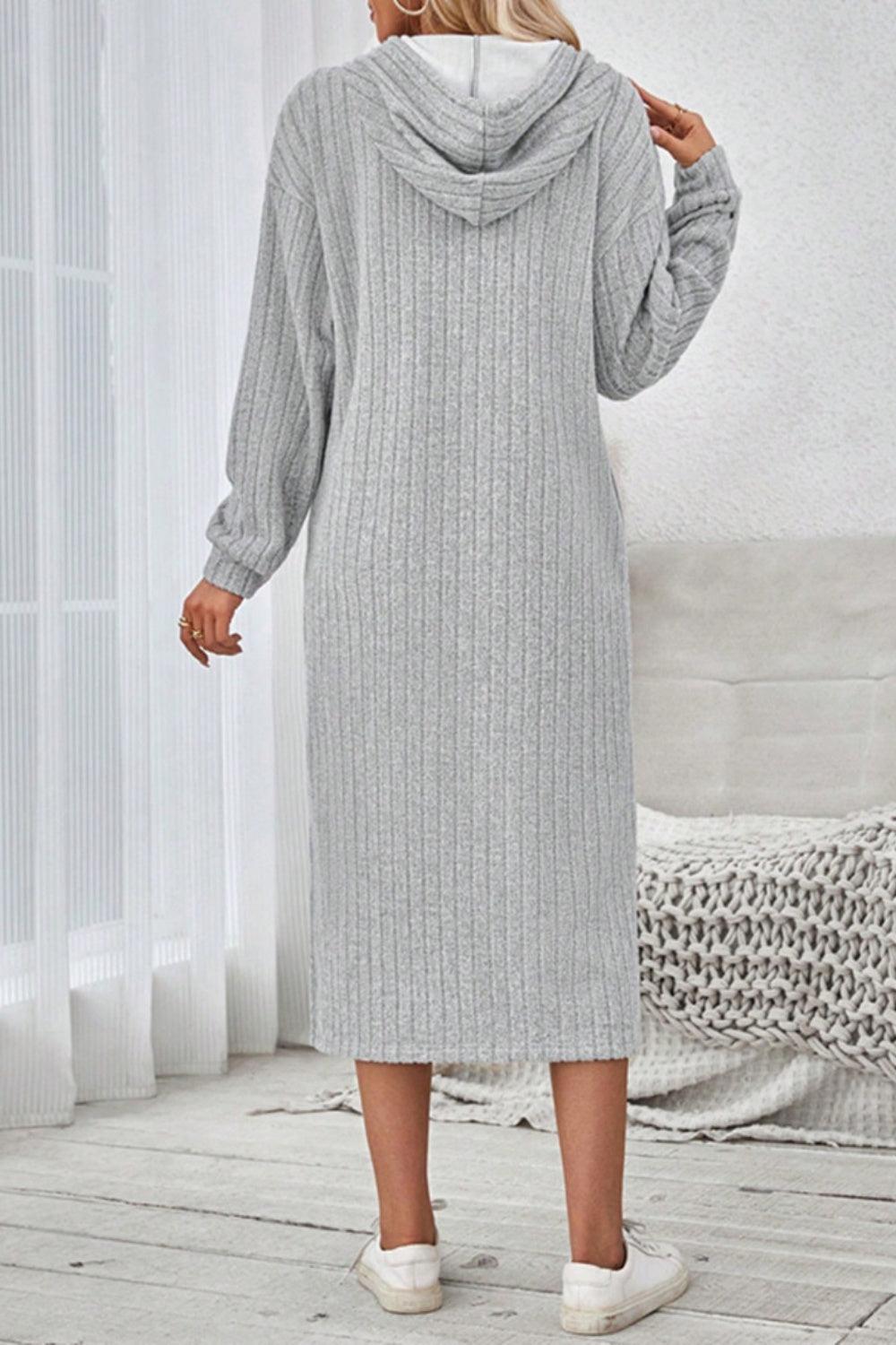 Side Slit Drawstring Long Sleeve Hooded Dress Trendsi