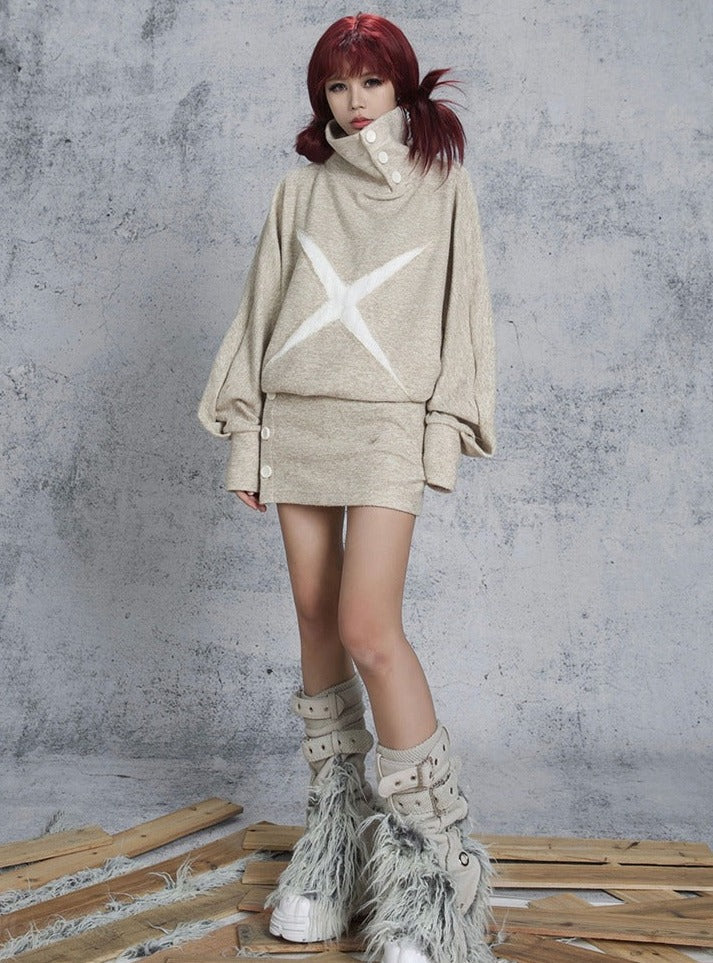 ARIADNAw Oversized X-Graphic Turtleneck Sweater Dress - Oatmeal (Women's) - sneakershuborg