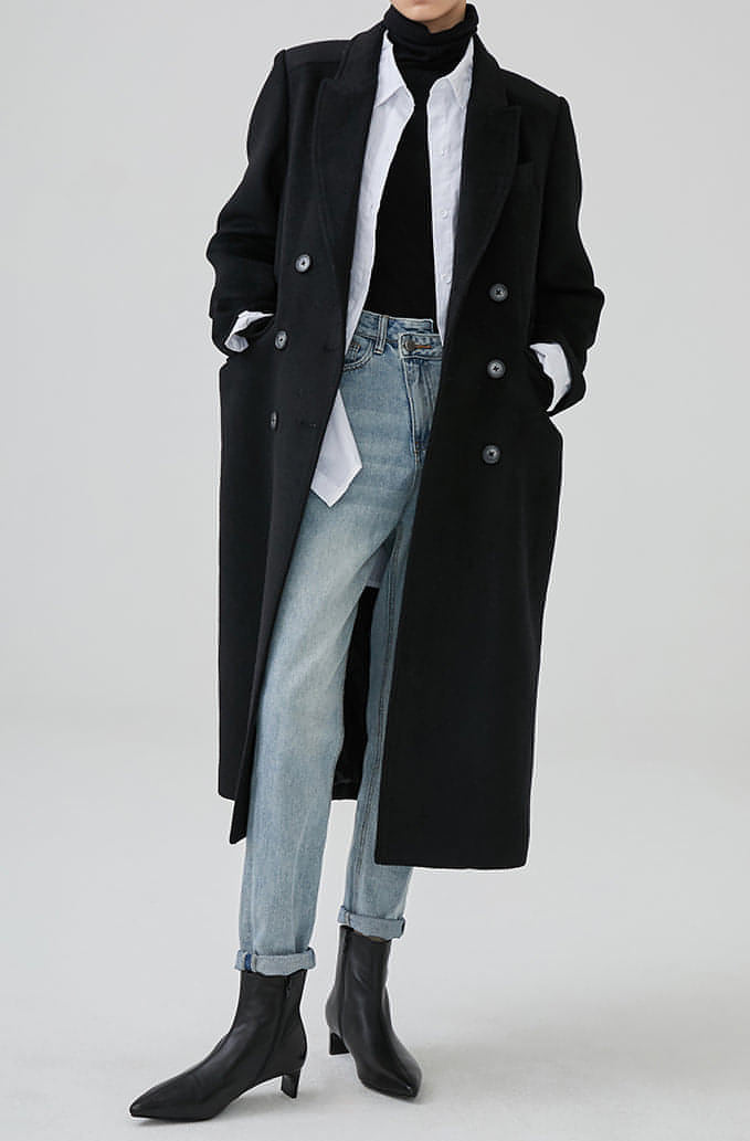 Winter Double-Breasted Mid-Length Black Wool Coat In Hepburn Style - sneakershuborg