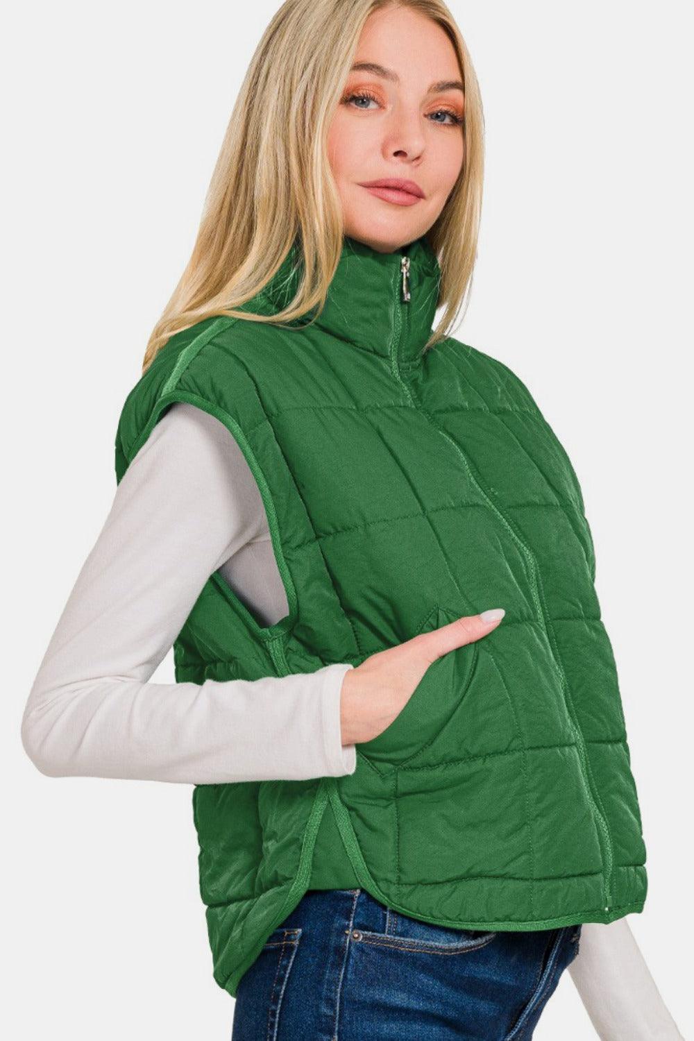 Zenana Zip Up Cropped Puffer Vest with Pockets - sneakershuborg