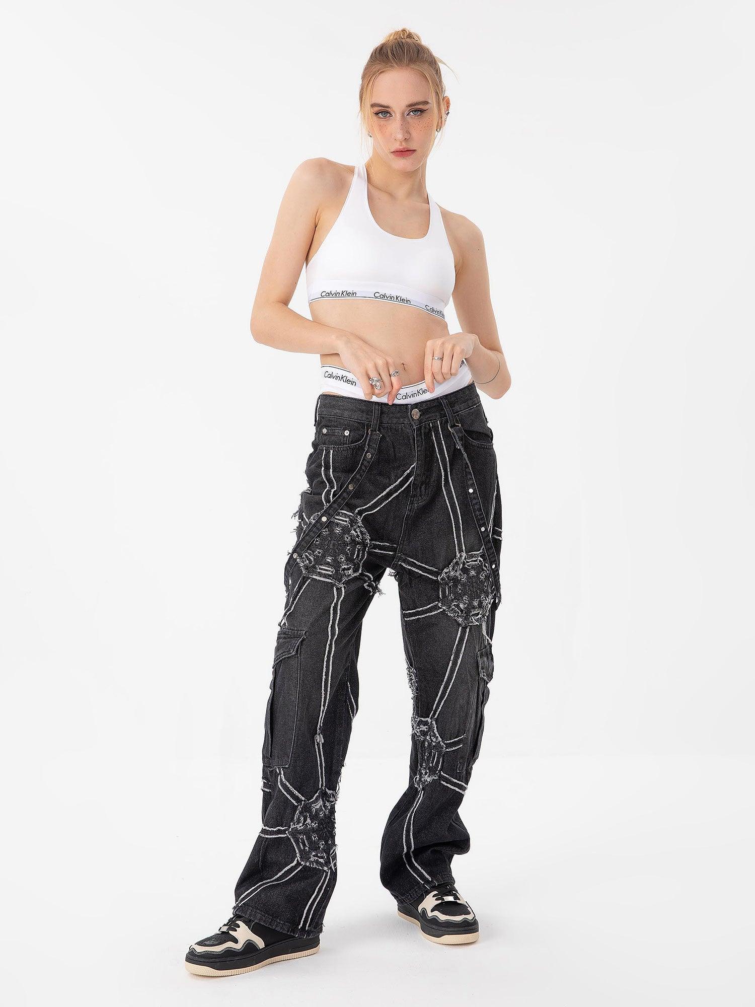 Sneakerhub High Street Hip-Hop Spider Web Denim Pants-1512 - sneakershuborg