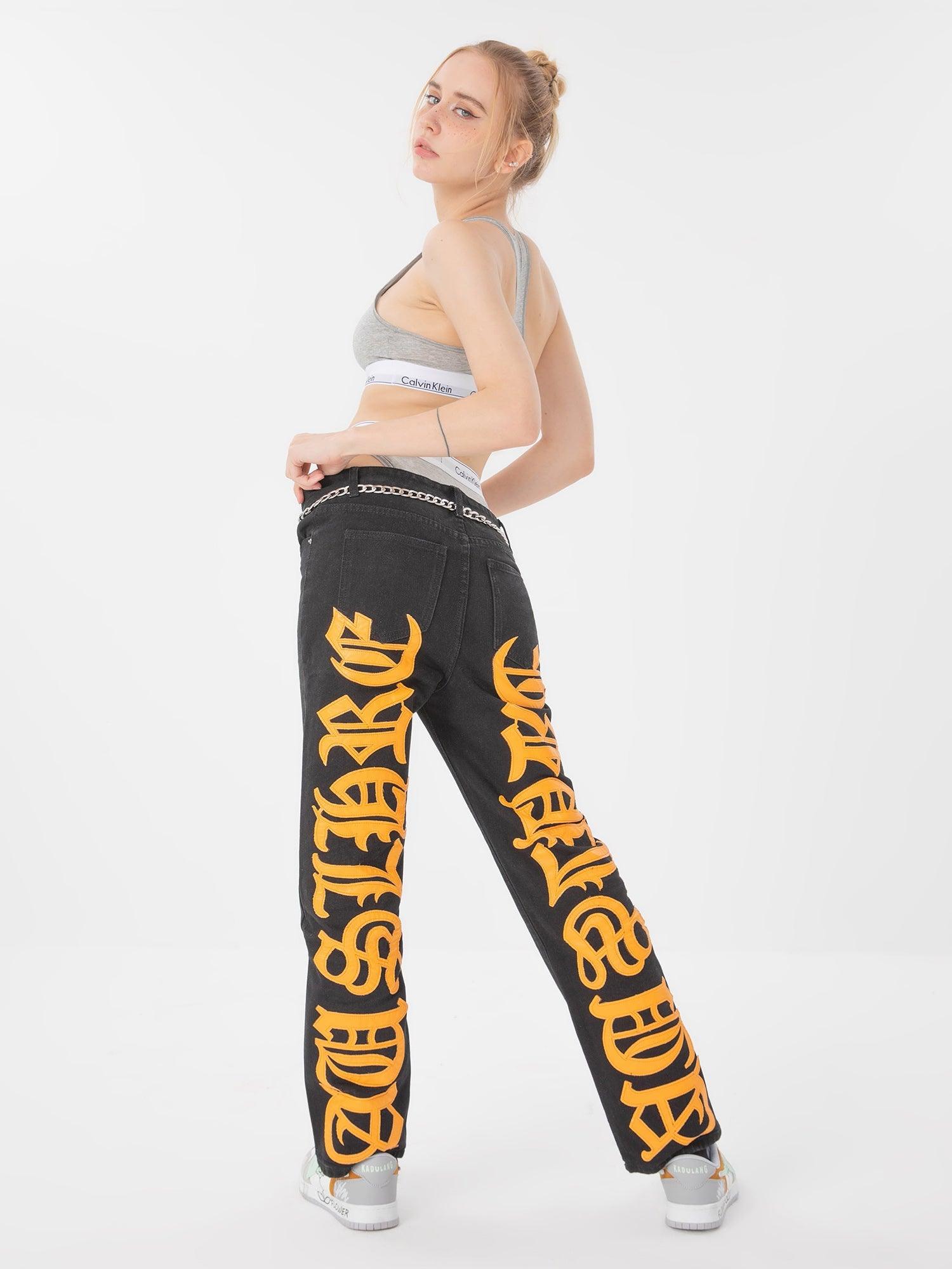 Sneakerhub Burning Text Embroidered Letters Jeans -1478 - sneakershuborg