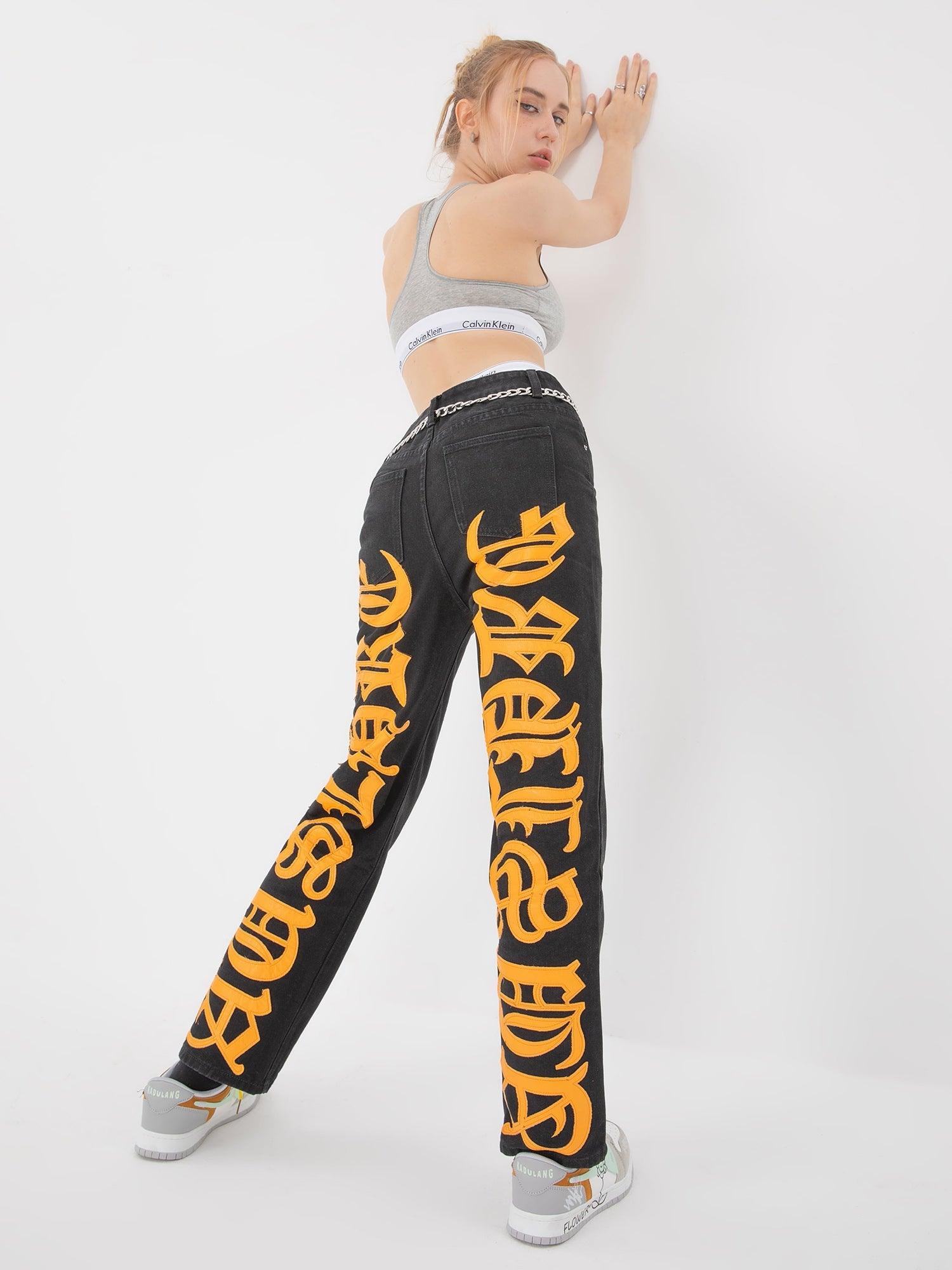 Sneakerhub Burning Text Embroidered Letters Jeans -1478 - sneakershuborg