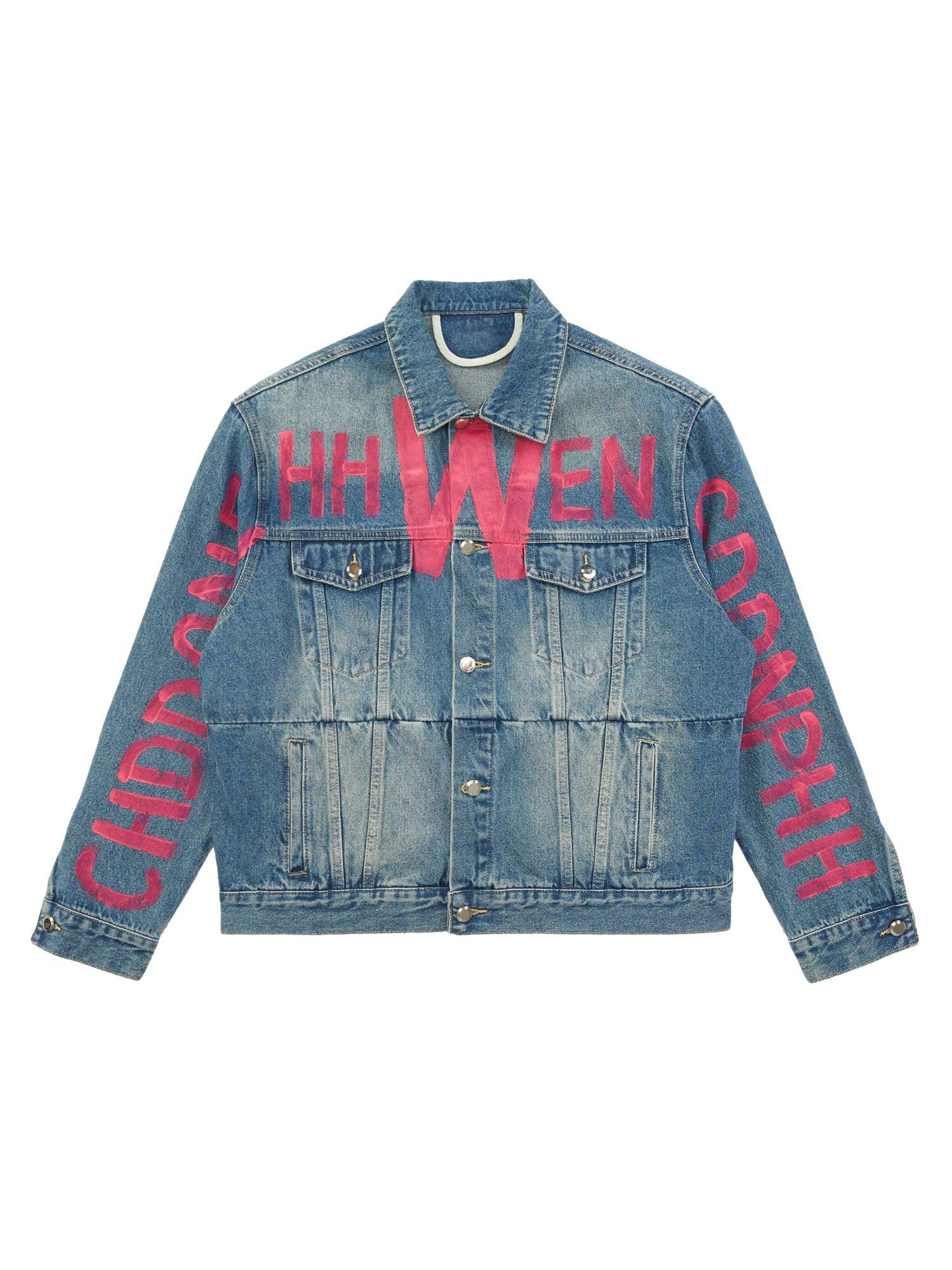 Sneakerhub High Street Graffiti Lettered Distressed Washed Denim Jacket - sneakershuborg