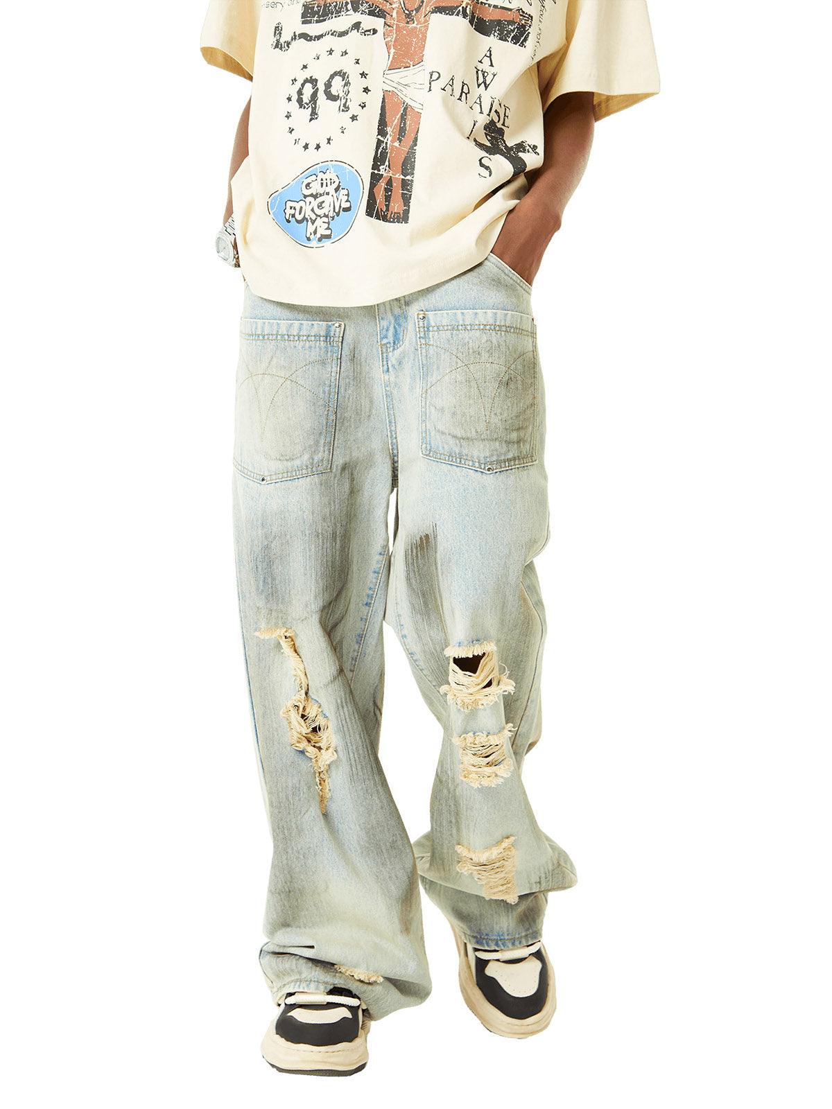 Sneakerhub Retro Washed Reverse Design Hip-Hop Jeans - sneakershuborg