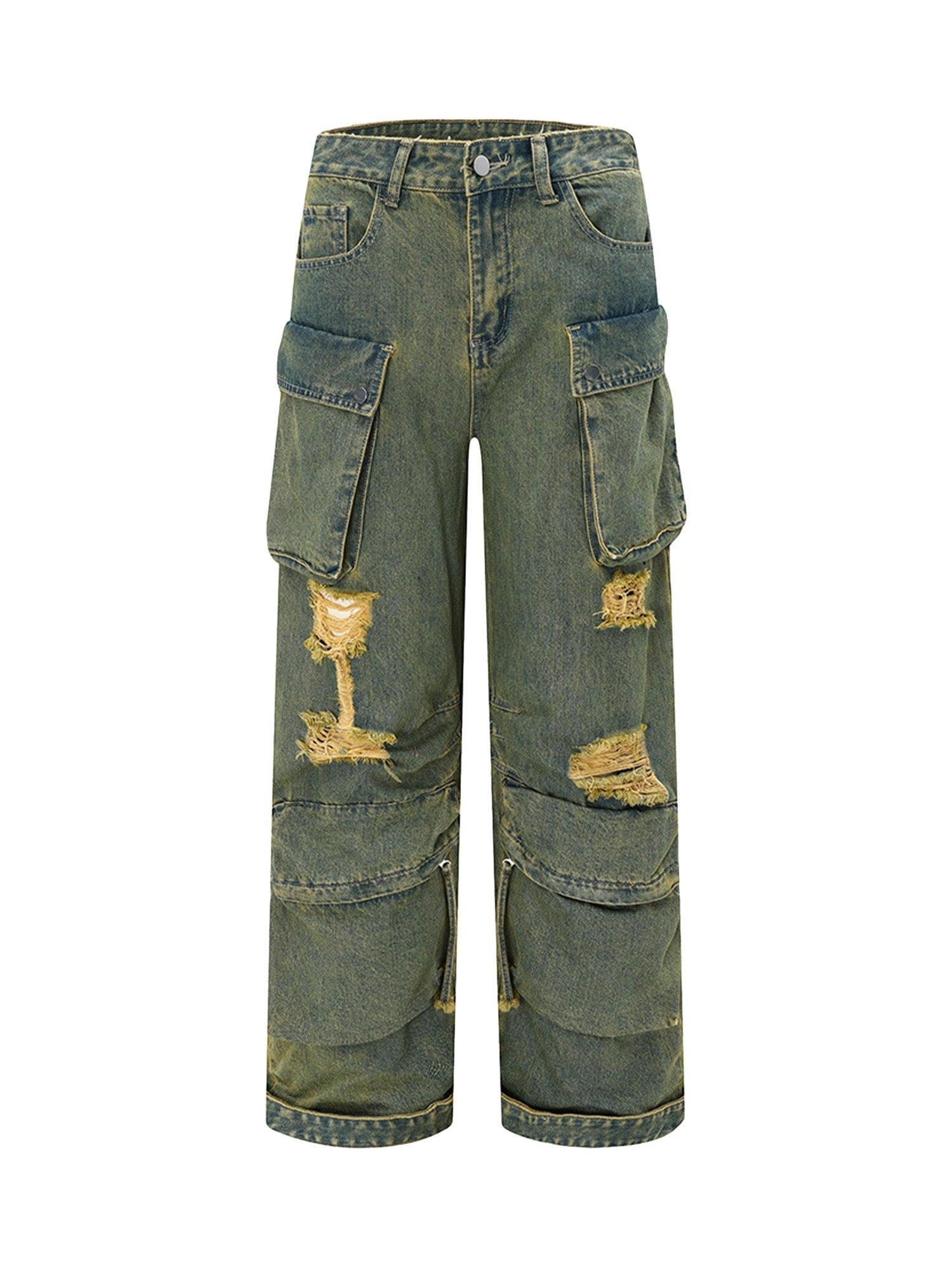 Sneakerhub Wasteland Style Washed Distressed Work Cargo Jeans - sneakershuborg