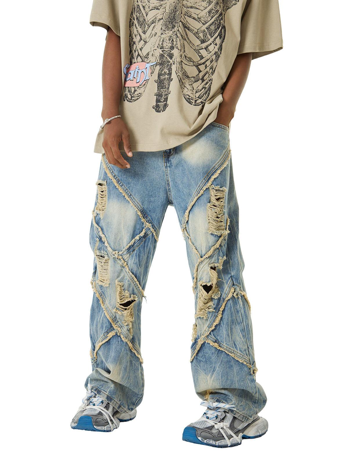 Sneakerhub Heavy Washed Ripped Plaid Stitching Hip-Hop Jeans - 2174 - sneakershuborg