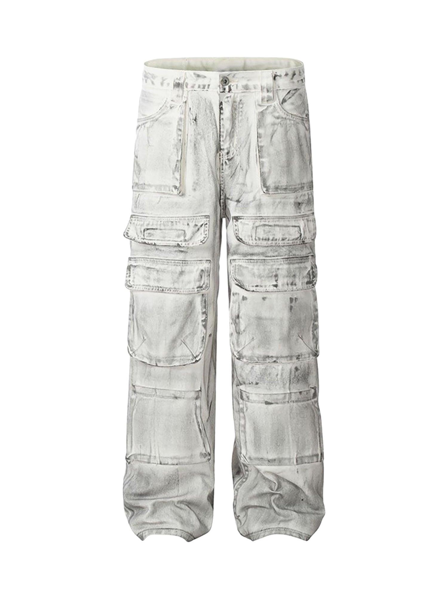 Sneakerhub Loose-fitting Multi-pocket Smudged Design Work Jeans - 2120 - sneakershuborg