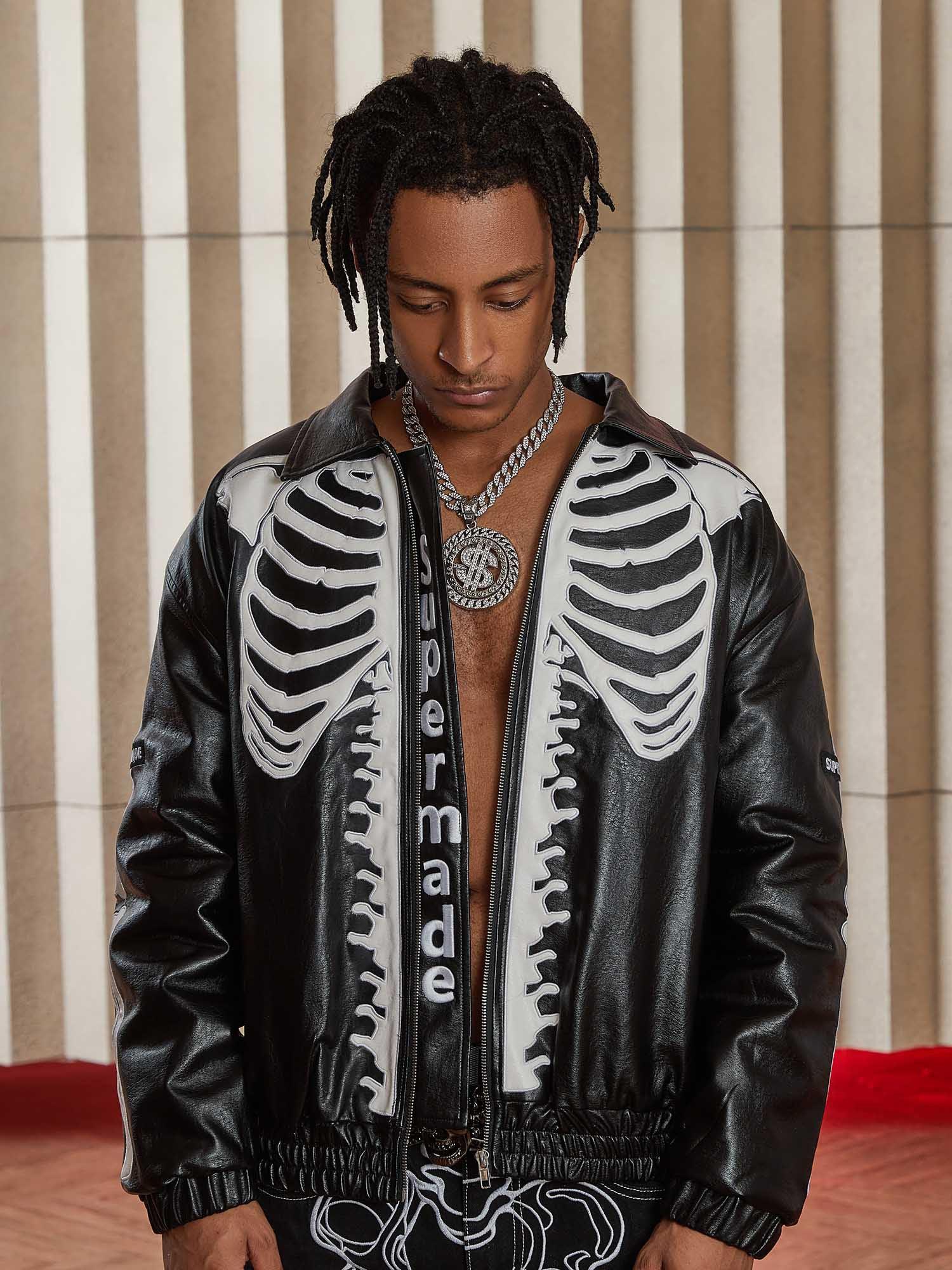 Sneakerhub Hip Hop Bones Embroidered Leather Jacket - 1833 - sneakershuborg