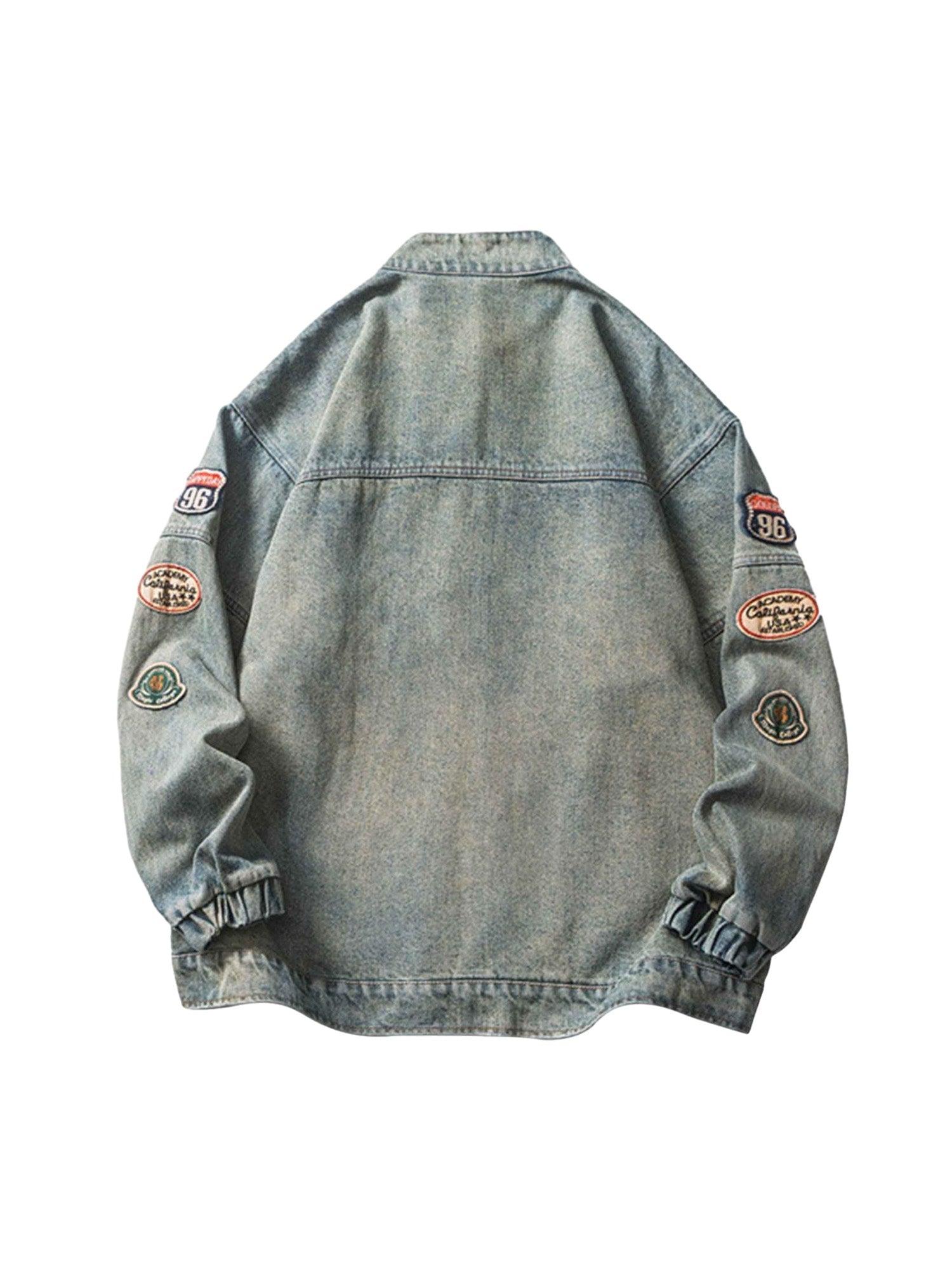 Sneakerhub Hip-hop Badge Embroidered Do-over Denim Jacket - 1911 - sneakershuborg