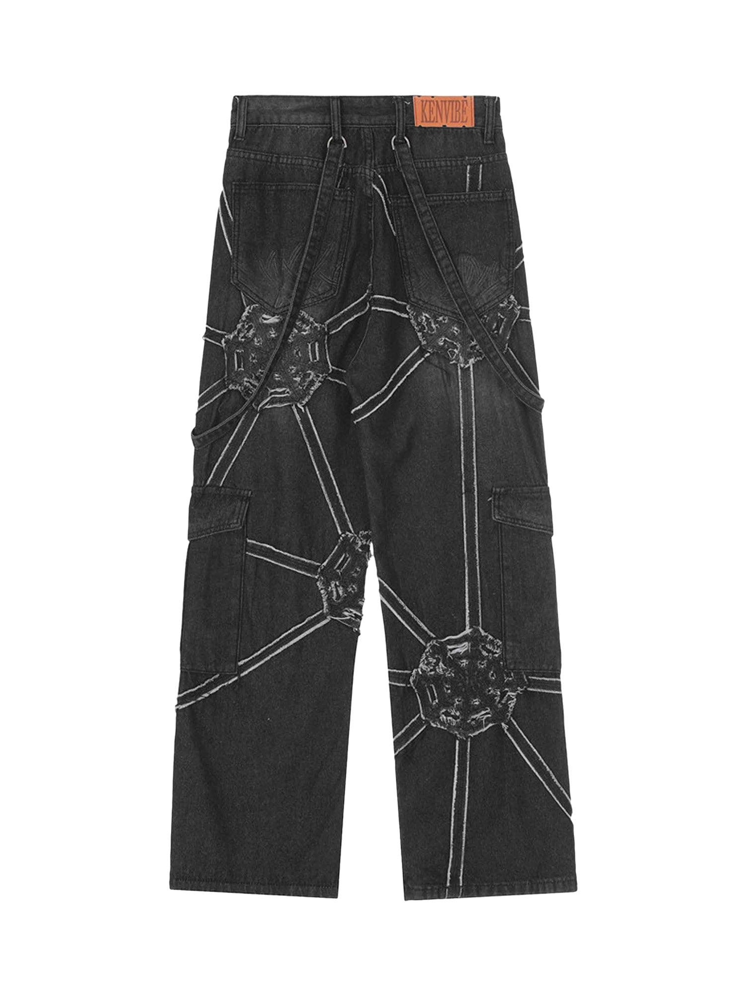 Sneakerhub High Street Hip-Hop Spider Web Denim Pants-1512 - sneakershuborg