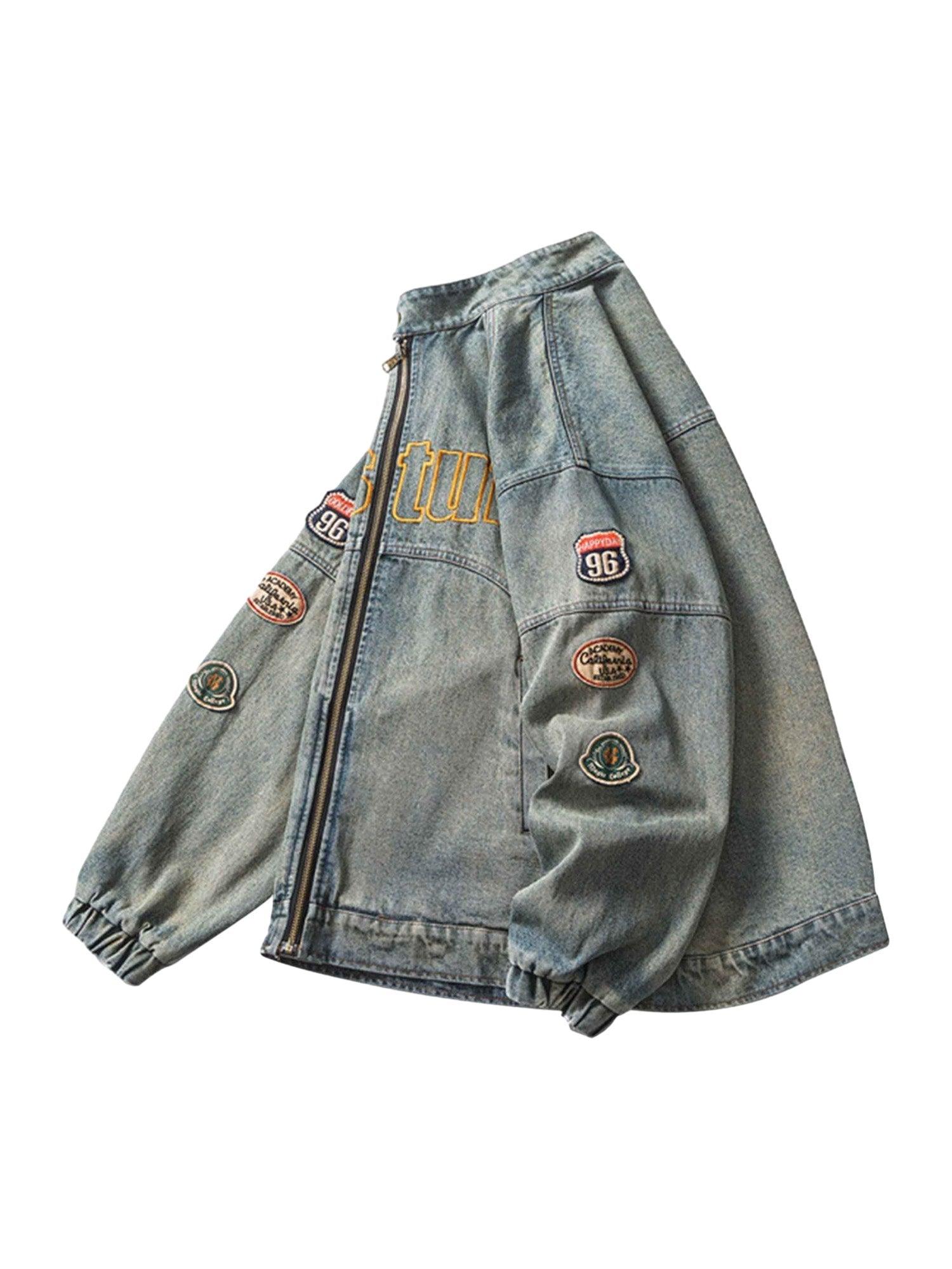 Sneakerhub Hip-hop Badge Embroidered Do-over Denim Jacket - 1911 - sneakershuborg