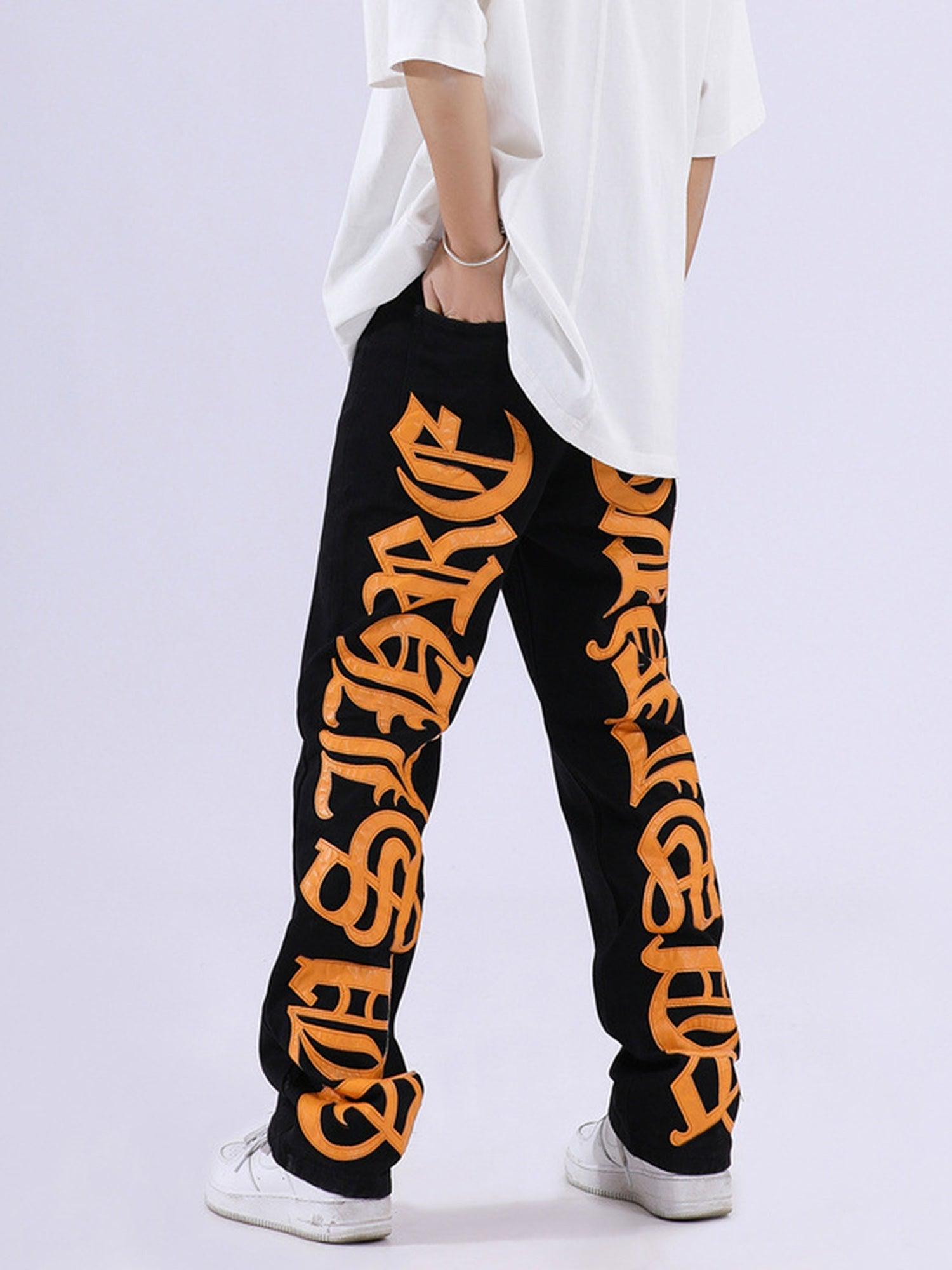 Sneakerhub Burning Text Embroidered Letters Jeans -1478 - sneakershuborg