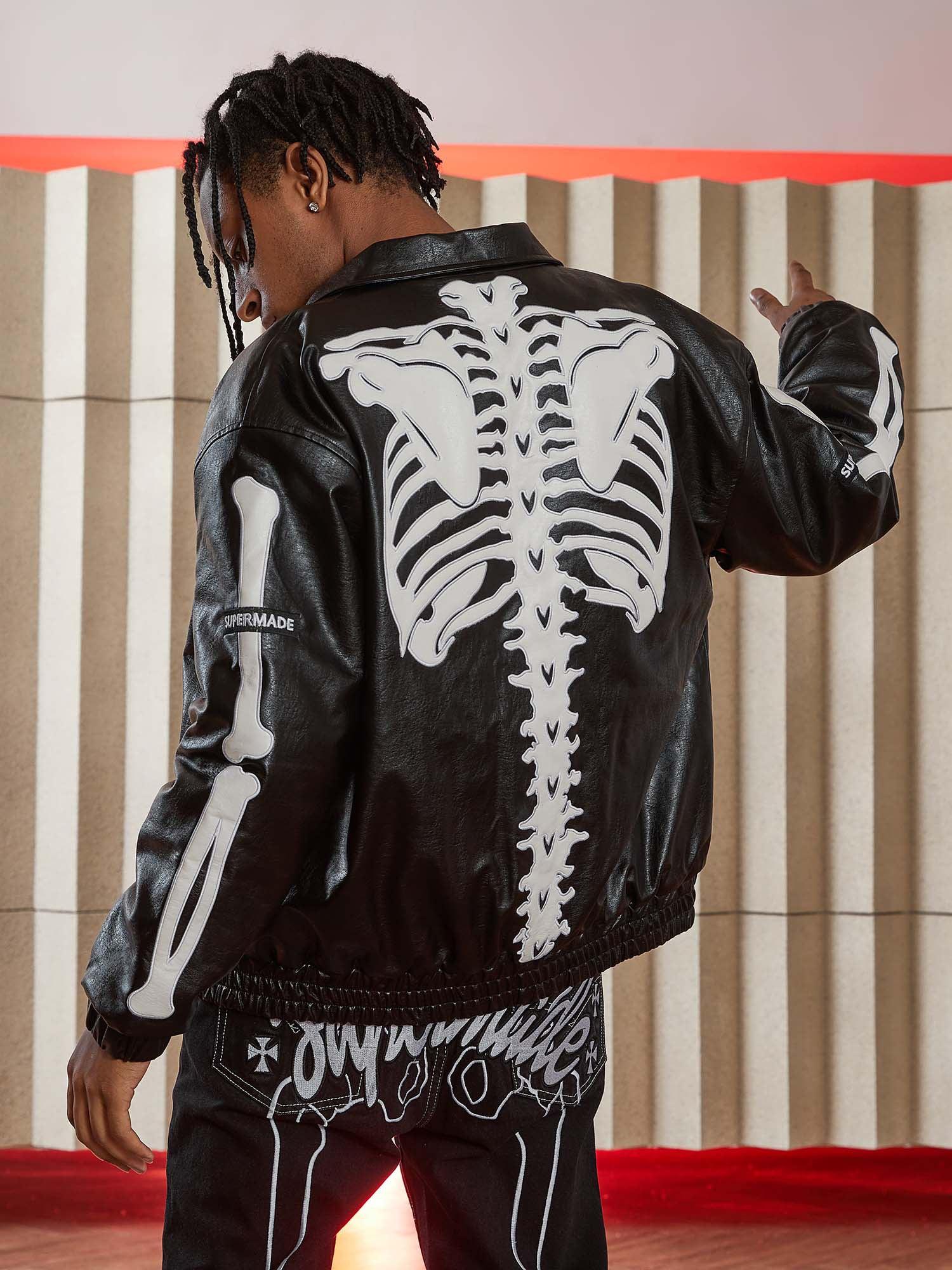 Sneakerhub Hip Hop Bones Embroidered Leather Jacket - 1833 - sneakershuborg