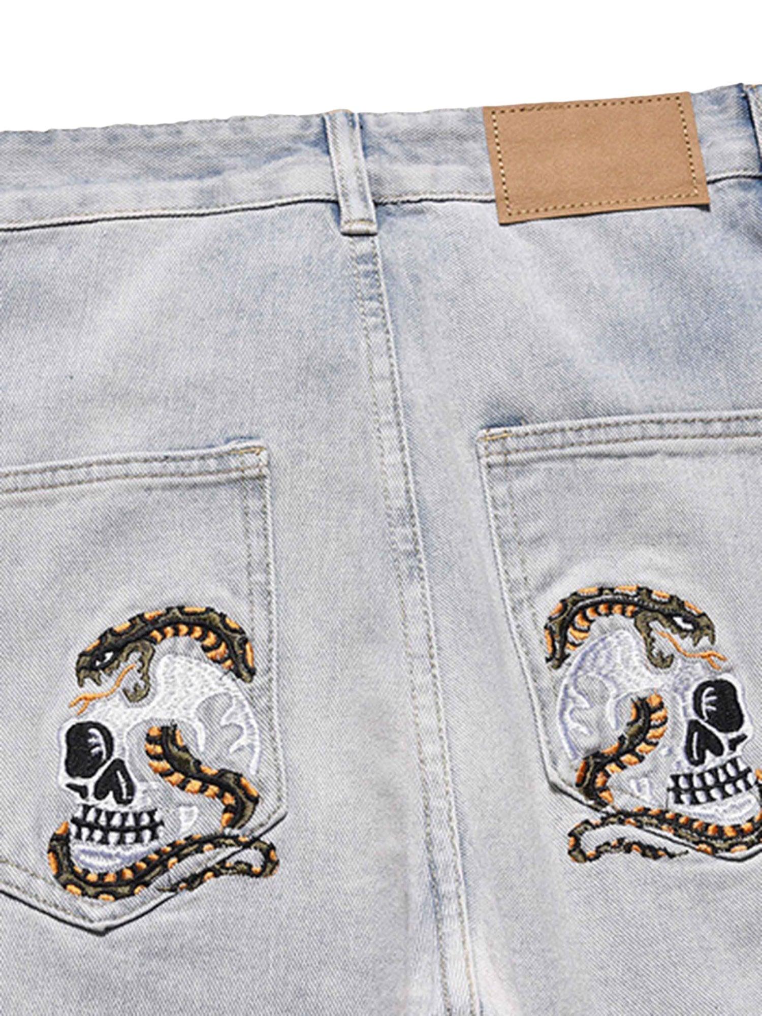 Sneakerhub Skull Flame Monogram Embroidered Slim Fit Jeans - sneakershuborg