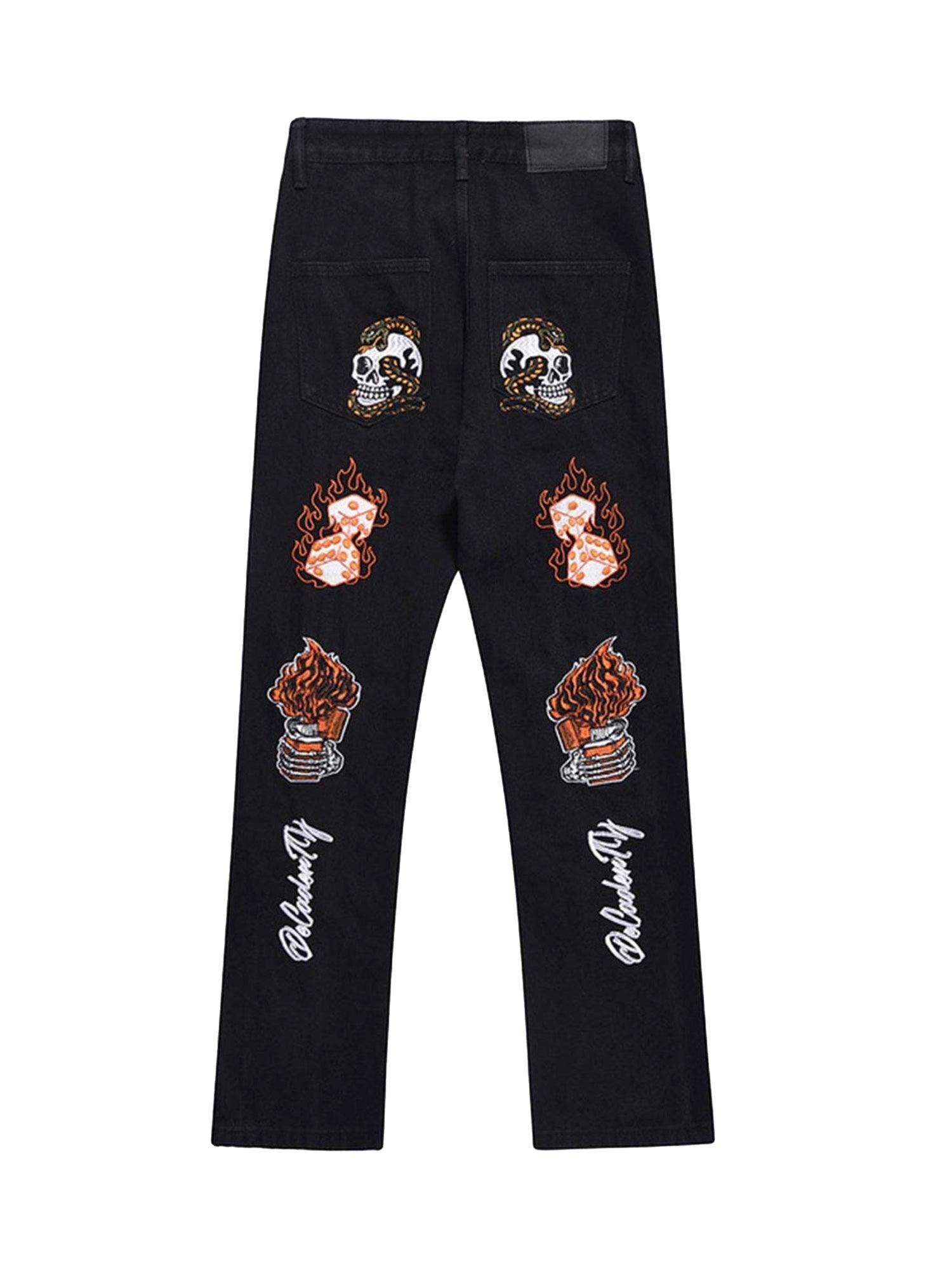 Sneakerhub Skull Flame Monogram Embroidered Slim Fit Jeans - sneakershuborg