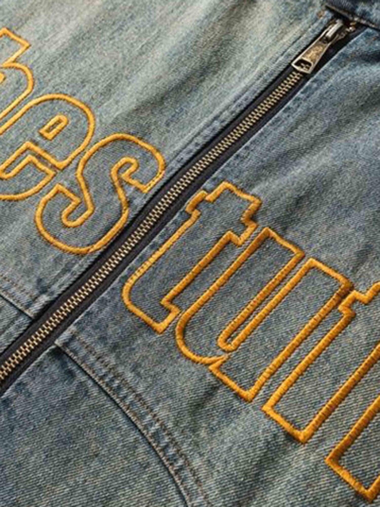 Sneakerhub Hip-hop Badge Embroidered Do-over Denim Jacket - 1911 - sneakershuborg