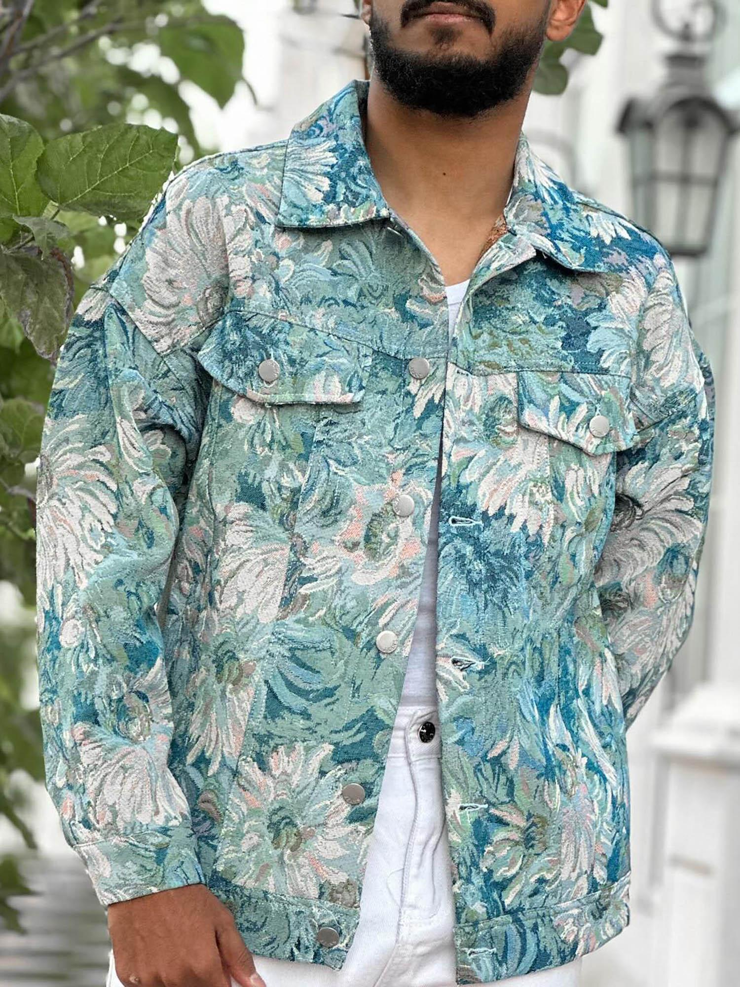 Sneakerhub Oil Painting Jacquard Flower Denim Jacket -1286 - sneakershuborg