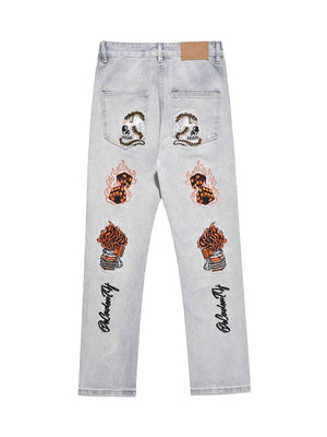 Sneakerhub Skull Flame Monogram Embroidered Slim Fit Jeans - sneakershuborg