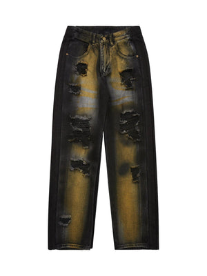 Sneakerhub Hip-hop Washed Distressed Loose Spray-dyed Jeans - sneakershuborg