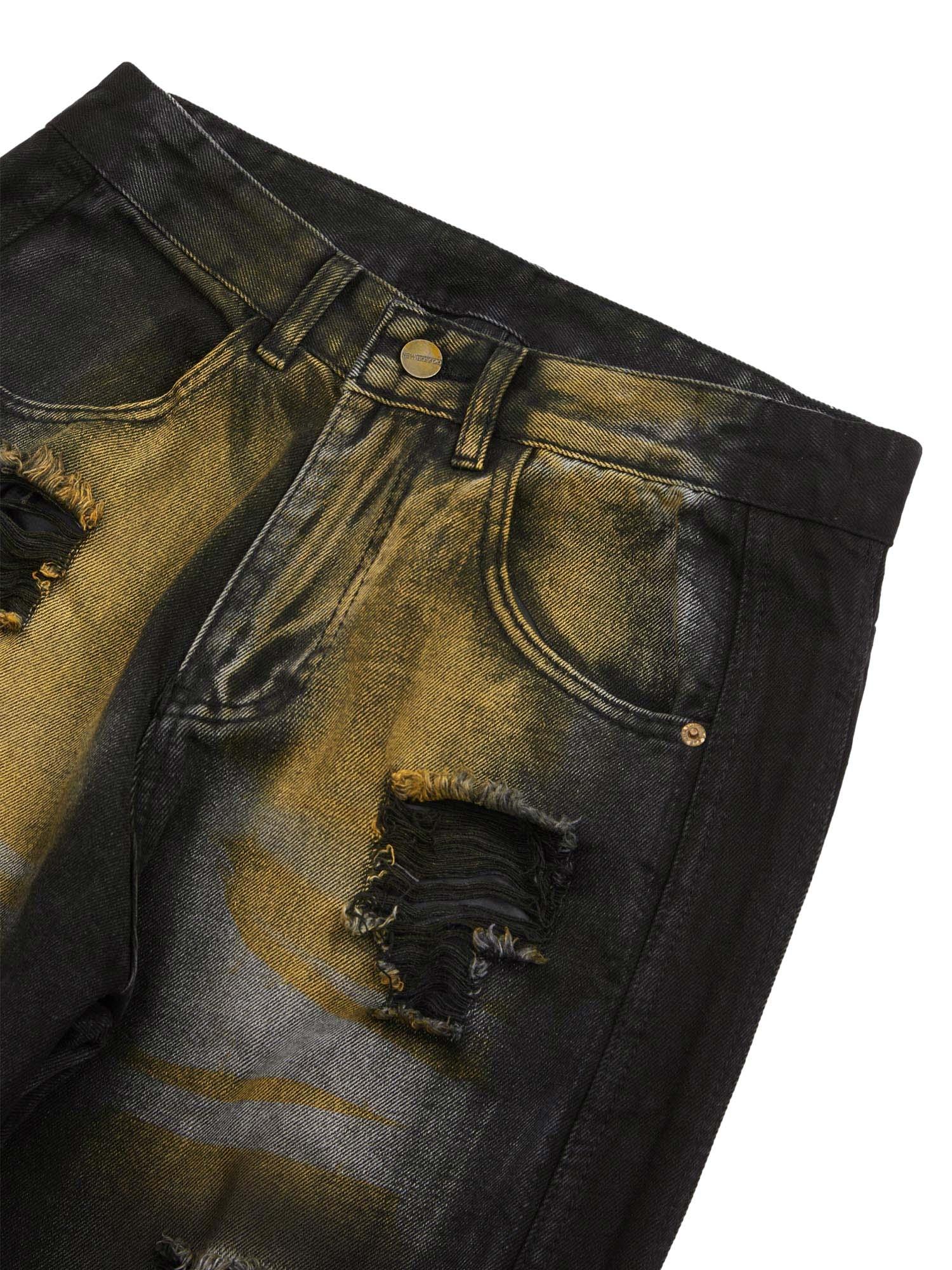 Sneakerhub Hip-hop Washed Distressed Loose Spray-dyed Jeans - sneakershuborg