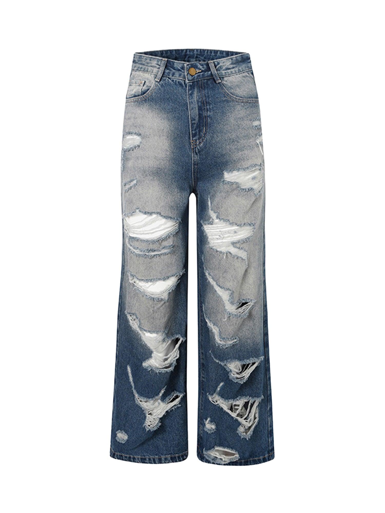 High Street Heavy Duty Ripped Washed Straight Jeans - sneakershuborg