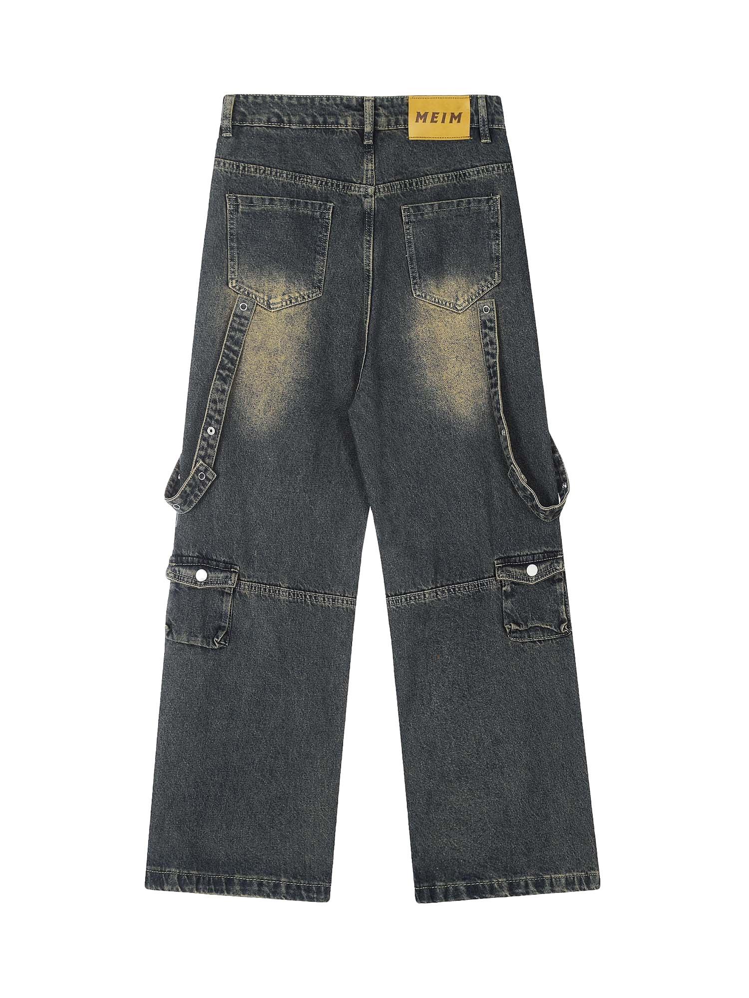 Sneakerhub Vintage Washed Web Rivets Hip-Hop Jeans - sneakershuborg