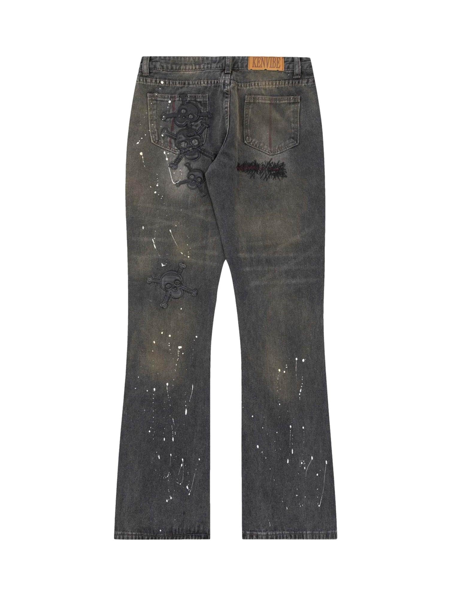 Sneakerhub Leather Skull Splash Ink Micro-flared Jeans - sneakershuborg